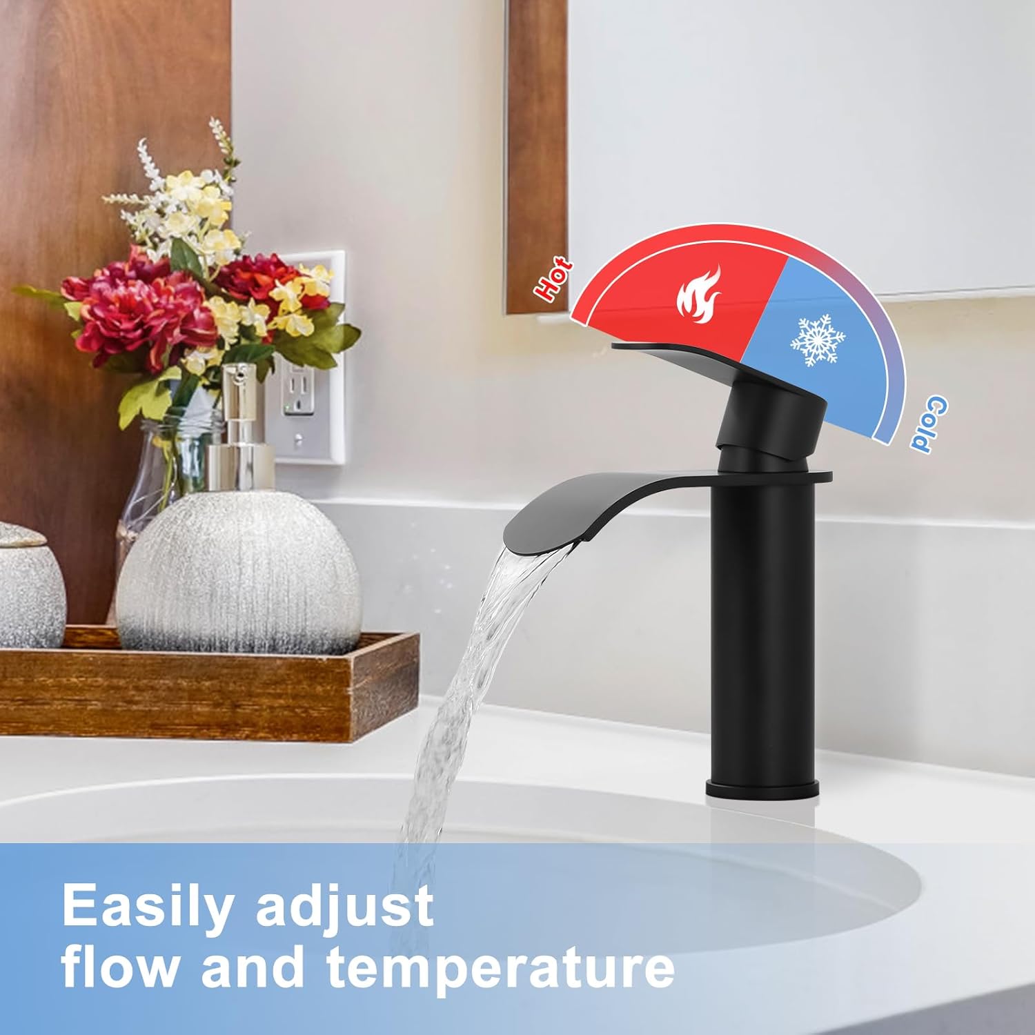 WOWOW Grifo de baño en cascada negro mate grifo de lavabo de baño para 1 agujero o 3 agujeros, grifo de tocador de una sola manija con drenaje