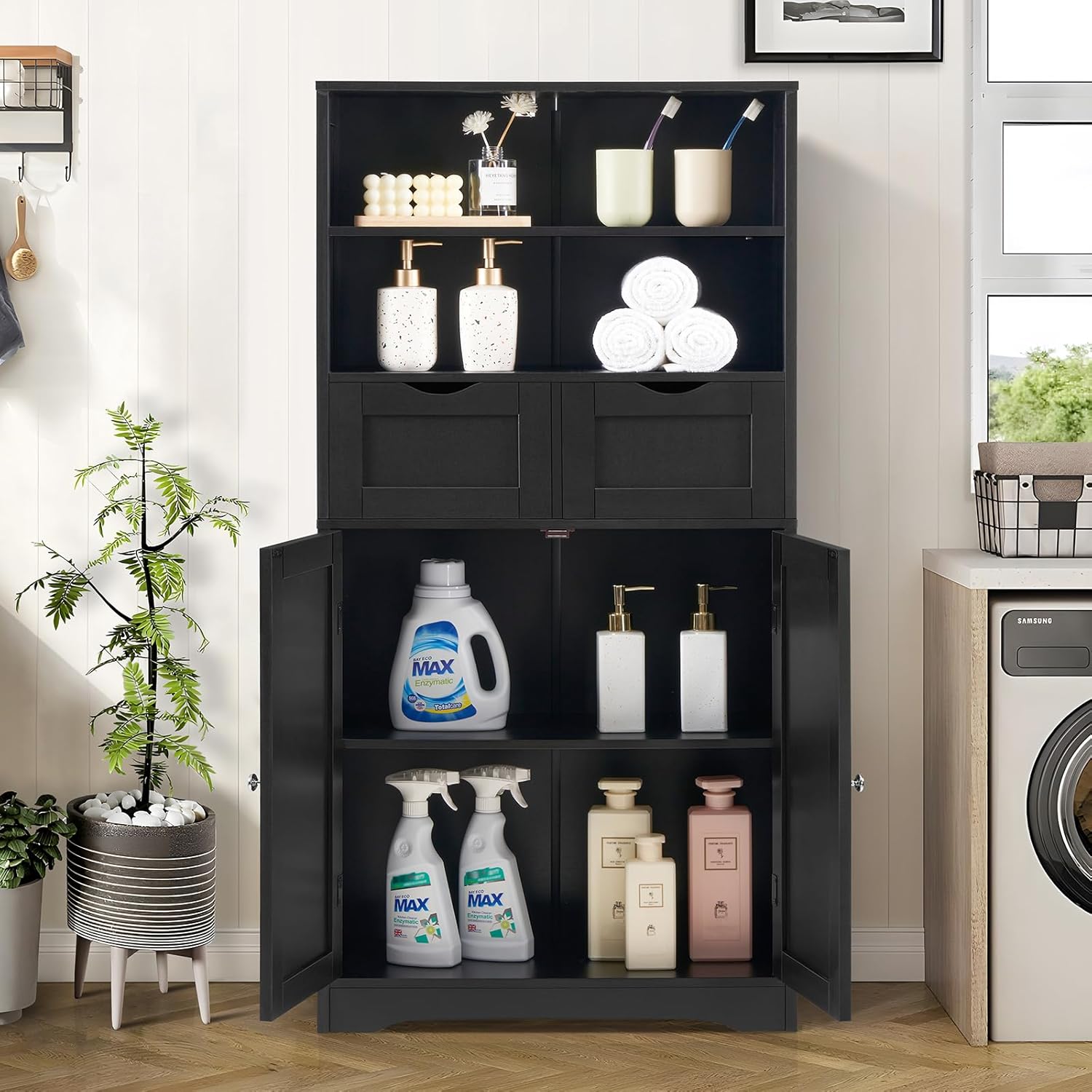 Iwell Armario alto de baño, armario de almacenamiento con 2 cajones y estantes ajustables, armario de piso de baño para sala de estar, dormitorio,