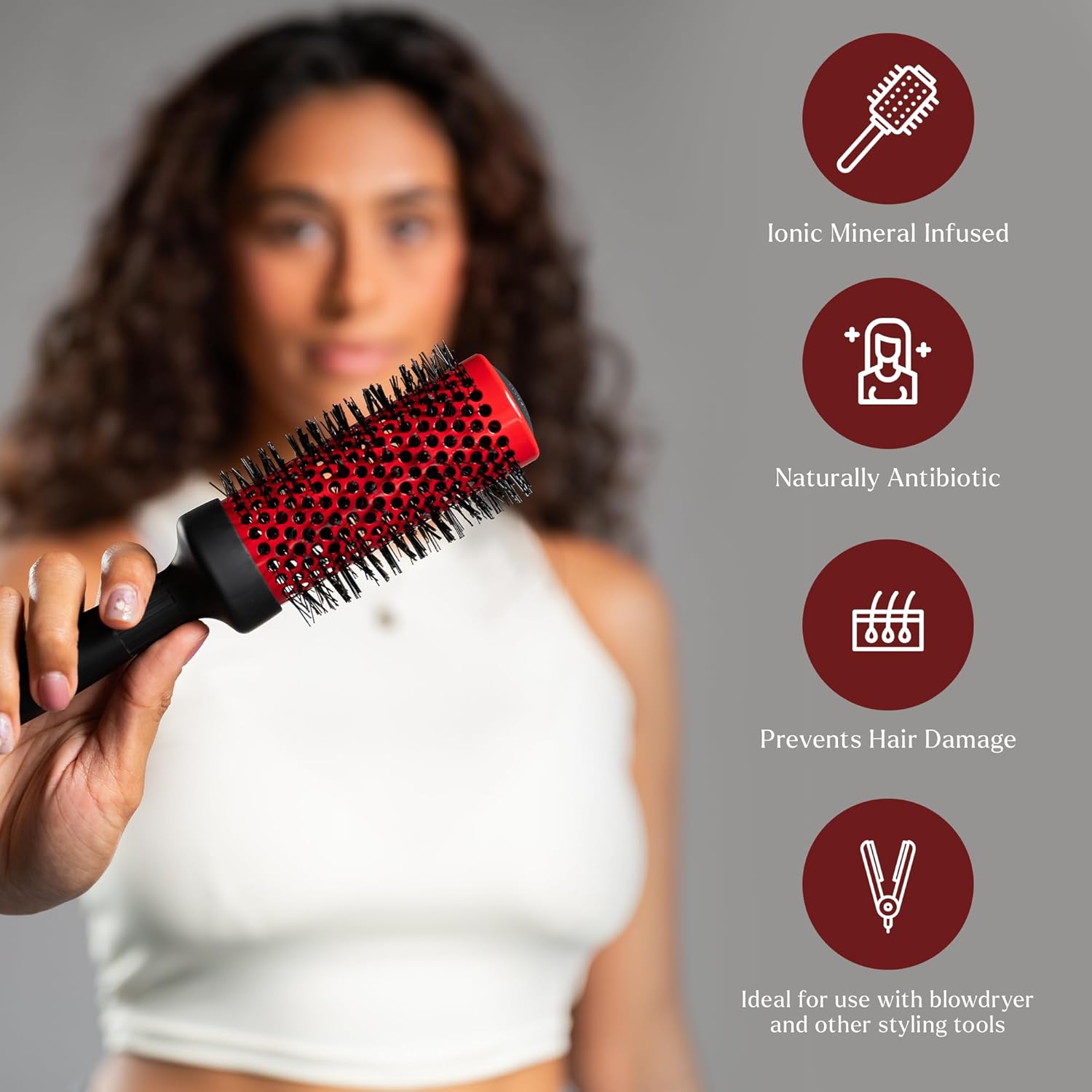 Cepillo redondo de cerámica con infusión de iones  Cepillo de calidad de salón para secado con soplado  Fija el cabello seco o dañado  Cepillo de