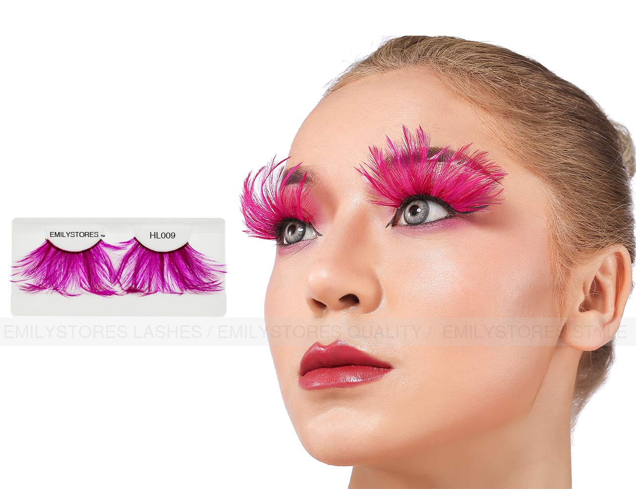 EMILYSTORES – Pestañas para disfraz de plumas sintéticas rosas para Halloween, pestañas dramáticas, aspecto de fiesta, 1 par