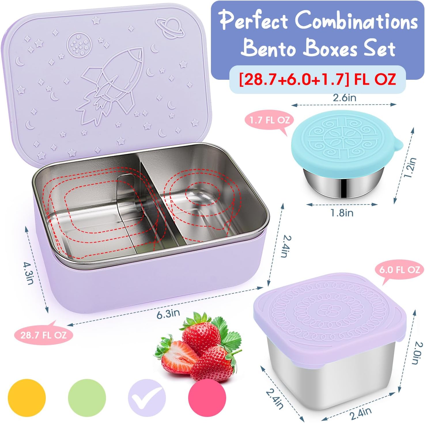 Juego de 3 cajas de almuerzo Bento de acero inoxidable, 28.7 onzas, a prueba de fugas, cajas de almacenamiento de alimentos de metal divididas con