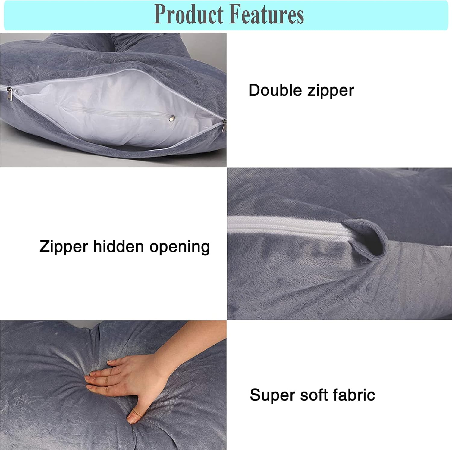 Almohada de embarazo, almohada de cuerpo completo en forma de U con funda extraíble de terciopelo, almohada de cama múltiple de 51 pulgadas,
