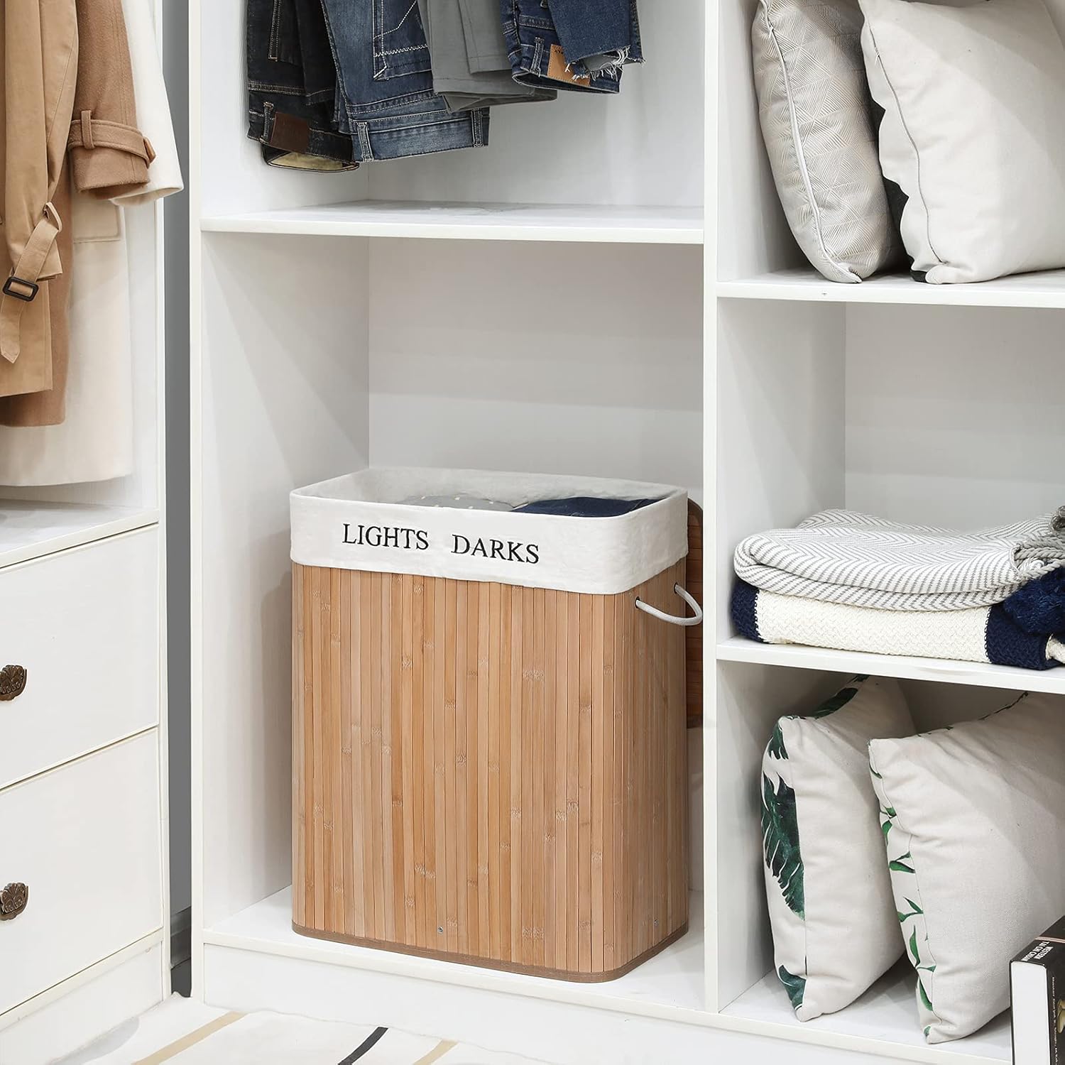 SONGMICS 100L (24.6 x 20.5 x 12.6 in) cesta de lavandería plegable de bambú con 2 compartimentos cesta de lavandería con bolsa de lavandería