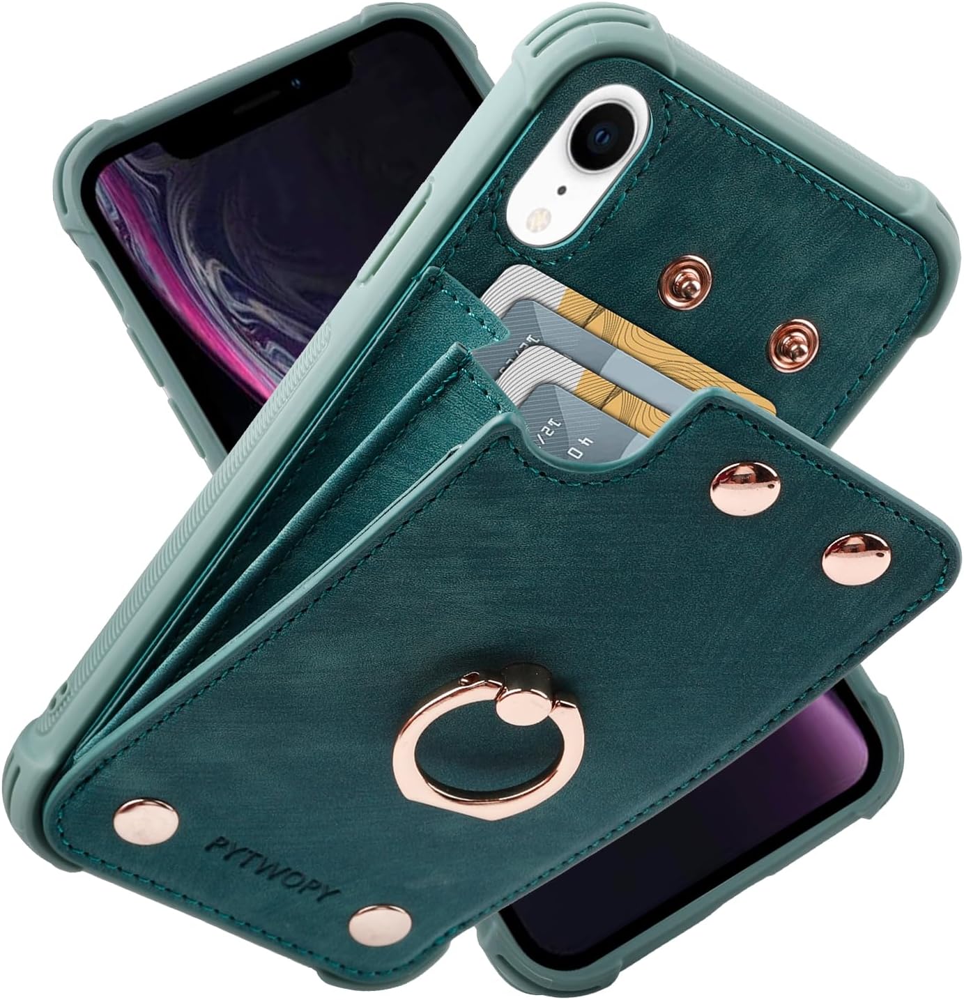 Funda tipo cartera para iPhone XR10R con tarjetero de crédito, funda protectora de cuero a prueba de golpes compatible con anillo de rotación de 360