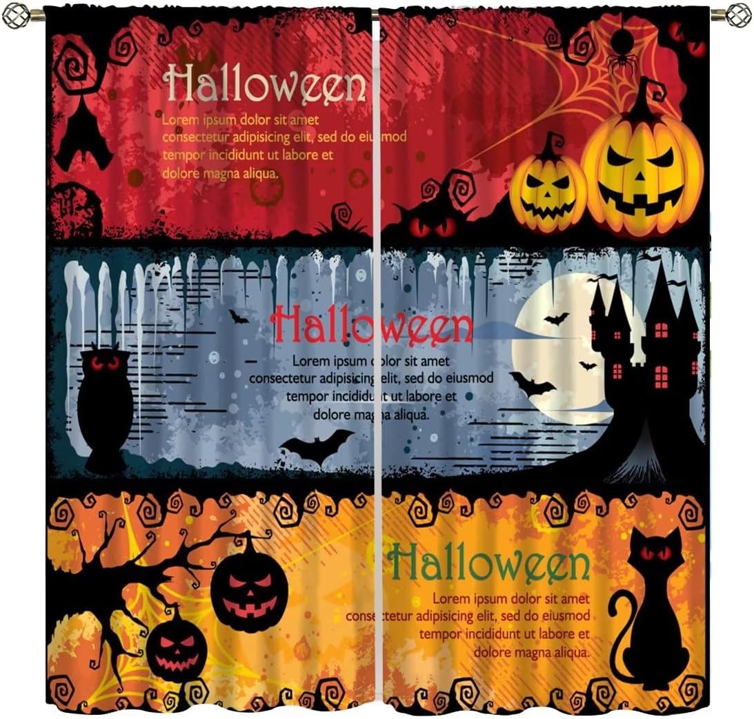 Cortinas de Halloween de terror, caricatura, gato, calabaza, murciélago, castillo, patrón de Halloween, cortinas impresas para decoración del hogar,