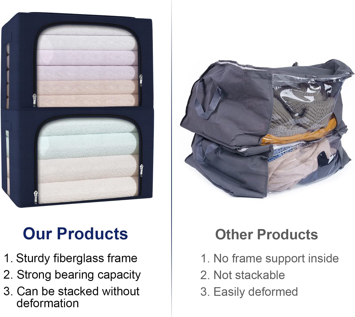 Organizador de bolsas de almacenamiento de ropa de gran capacidad de 66L, paquete de 3 con marco de fibra de vidrio, tela Oxford para edredones,