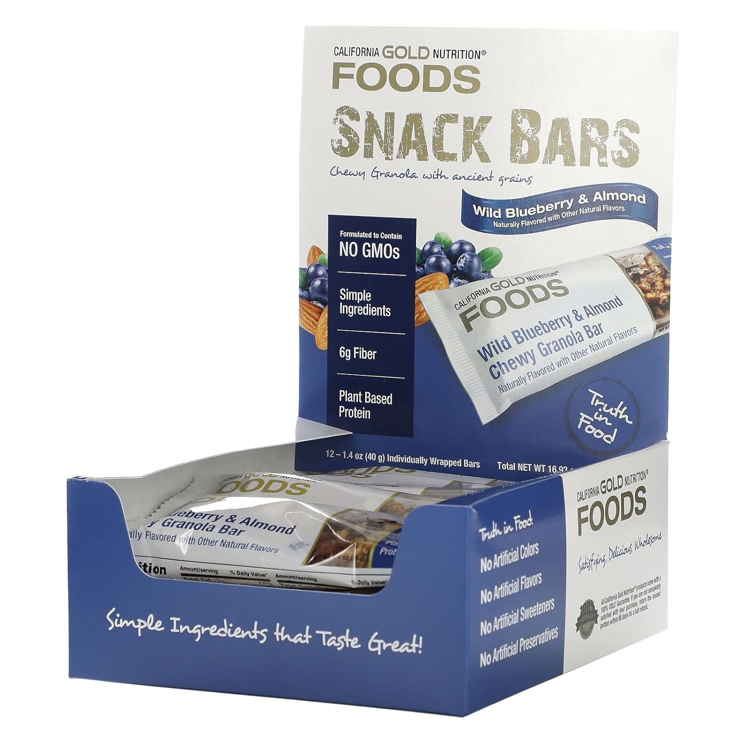 Barras de granola masticables de arándanos salvajes y almendras, 12 barras, 1.4 oz (40 g) cada una, California Gold Nutrition