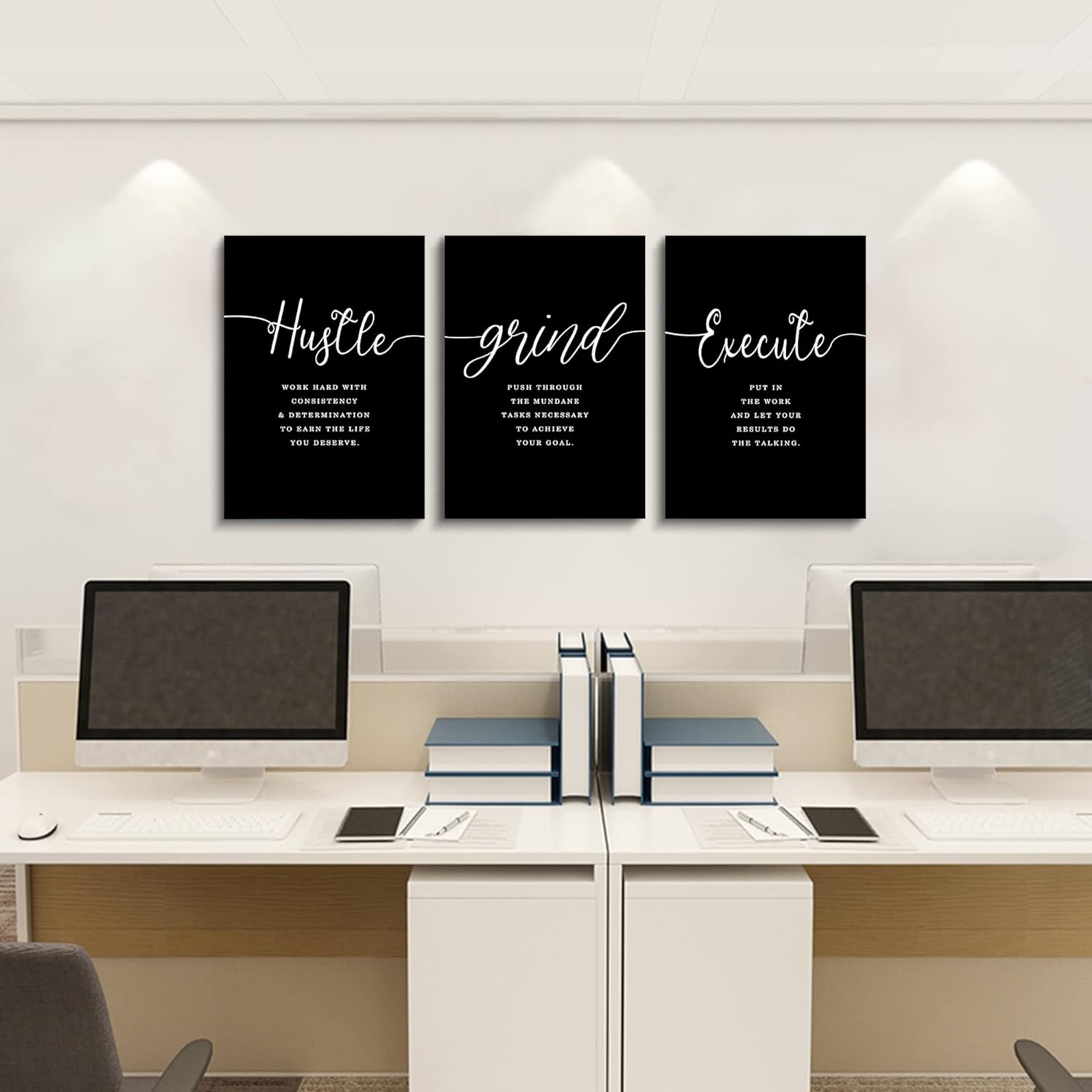 Decoración de oficina, impresiones de ajetreo con citas de ejecución, lienzo enmarcado para pared, arte de pared de oficina, póster grande negro,