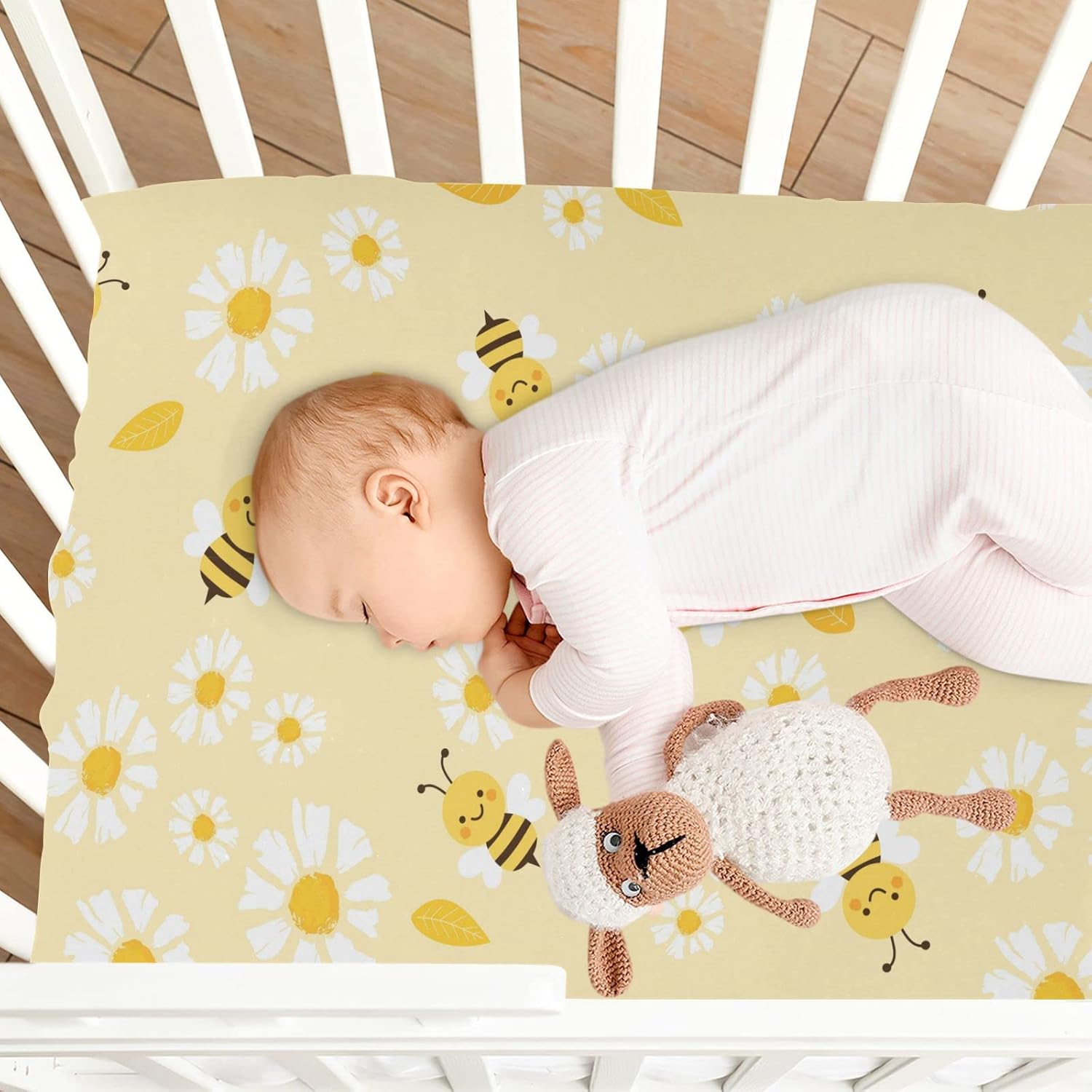 Flying Bees Daisy – Sábana bajera ajustable para cuna para niños y niñas, sábana bajera para cuna de bebé, sábana bajera ajustable para bebé, 39 x