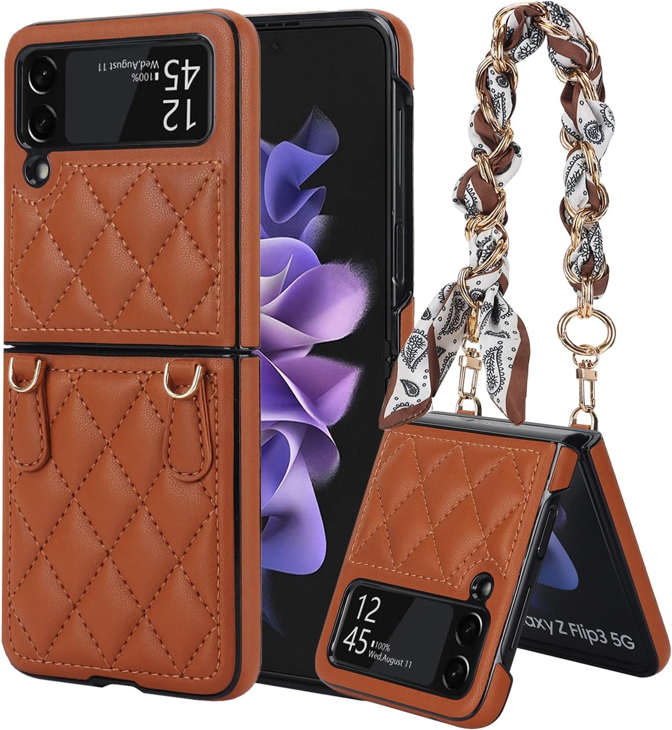 Asuwish Funda de teléfono para Samsung Galaxy Z Flip 3 5G 2021 con correa para la muñeca con cordón, delgada, de piel sintética, a prueba de golpes,