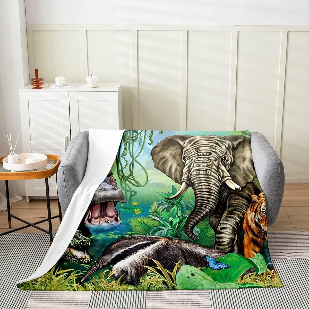 Manta de animales de la selva, tamaño individual de 60 x 80 pulgadas, manta de cocodrilo, hipopótamo, elefante, tigre para niños y niñas, manta de