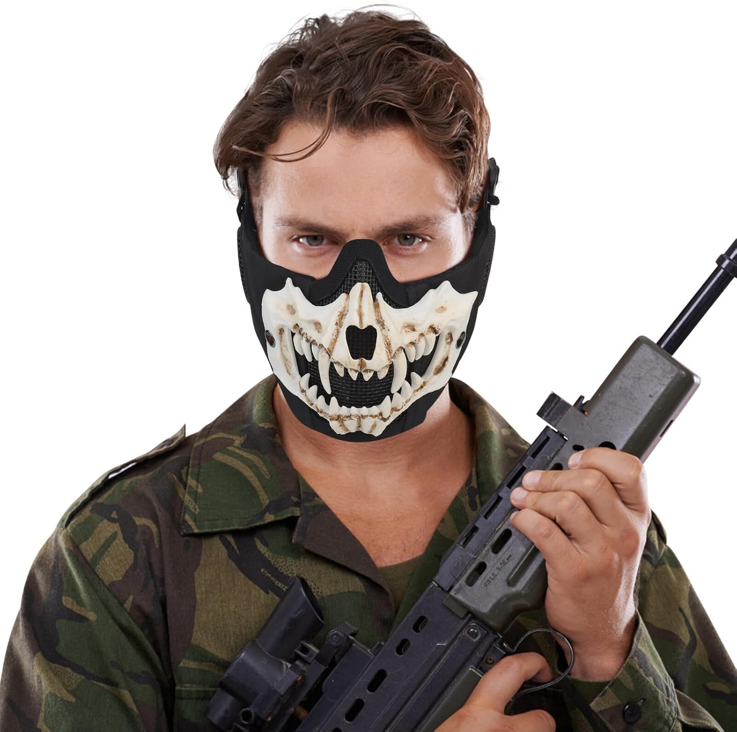 Airsoft – Máscaras tácticas de calavera de media cara con protección facial para las orejas, máscara de malla para Halloween, paintball, CS caza