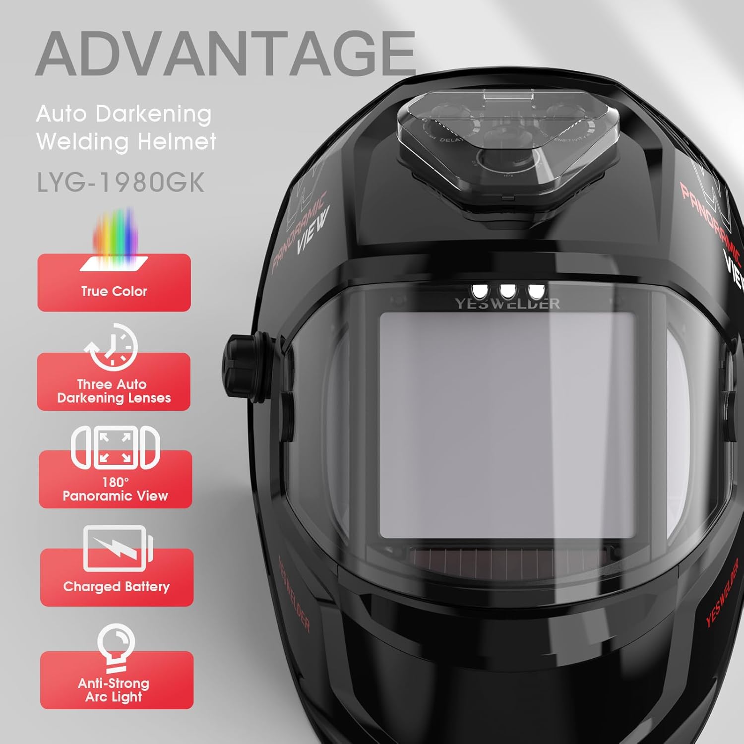 YESWELDER Casco de soldadura con oscurecimiento automático, visión grande, color verdadero, 6 sensores de arco, iluminación LED y carga tipo C
