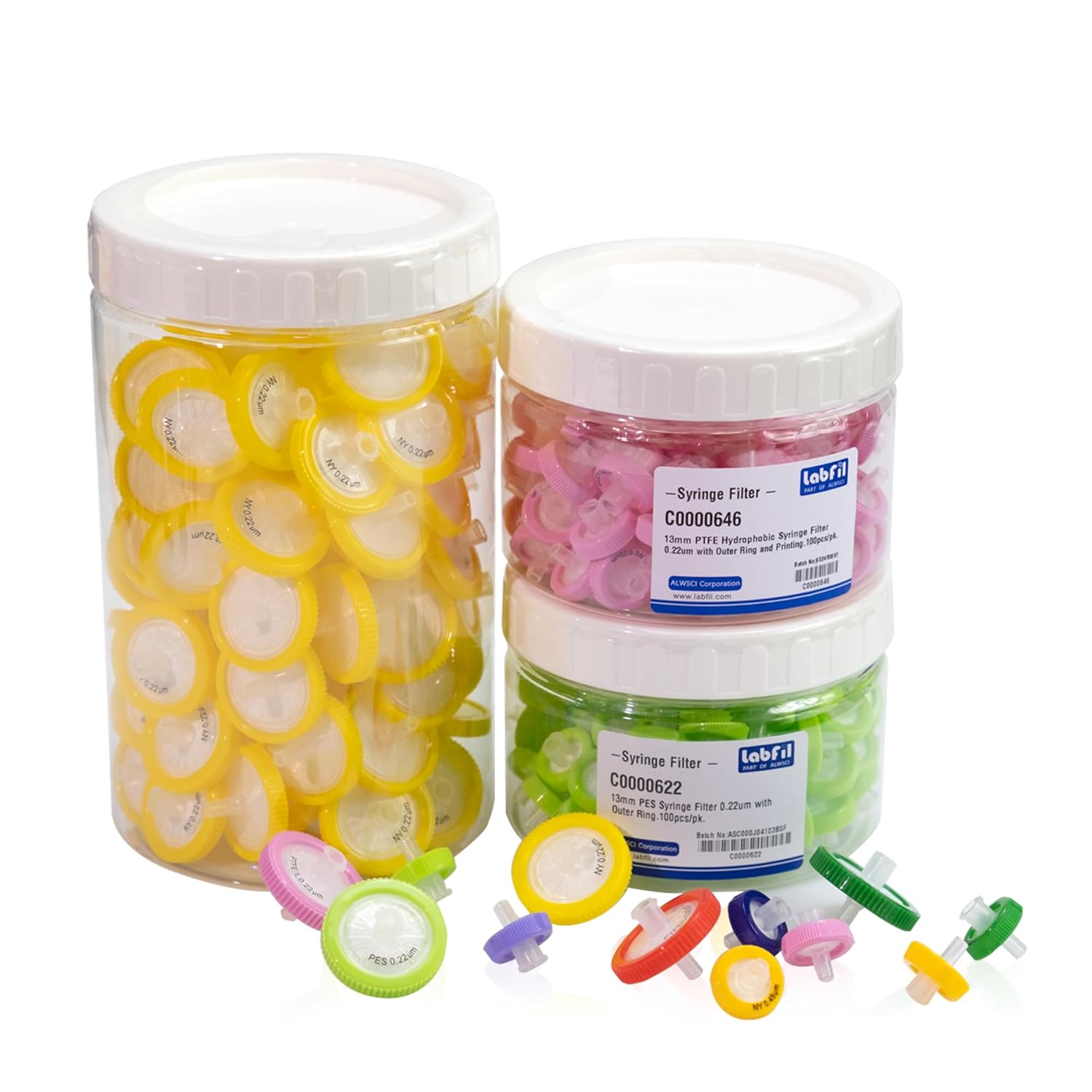 100 filtros de jeringa, filtración hidrofóbica de PTFE, 0,22 um micrones, tamaño de poro, 0.512 in, diámetro de membrana, disco de membrana de PTFE