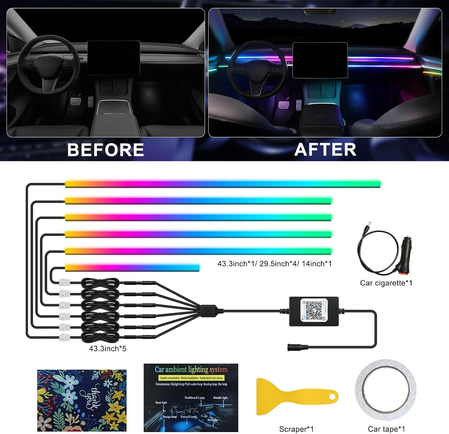 Dreamcolor – Tira de luz LED acrílica para interior de automóvil con aplicación inalámbrica, RGB 6 en 1 con kits de iluminación ambiental de fibra