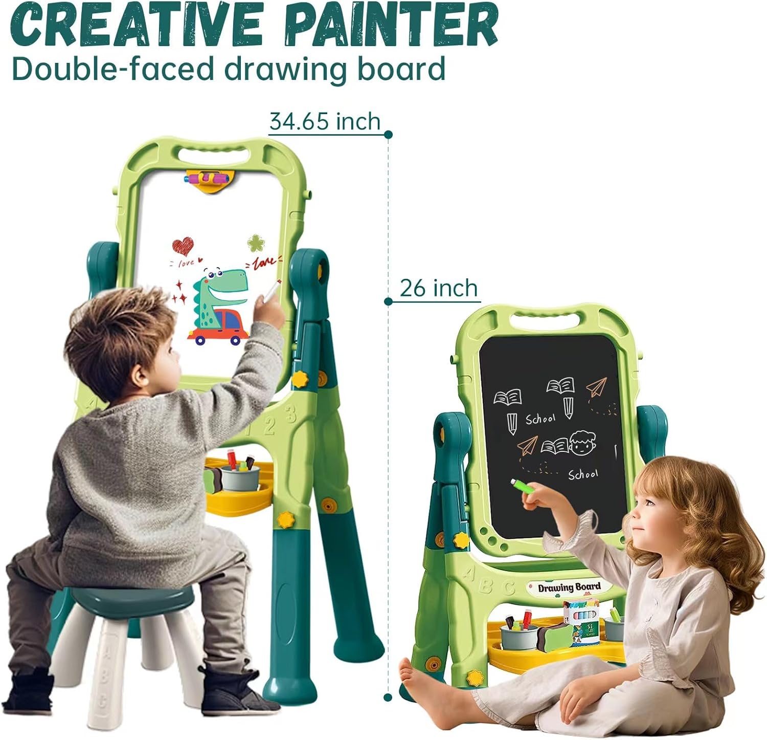 Caballete de arte para niños con tablero de dibujo magnético, caballete de doble cara con letras y números magnéticos, caballete de pie ajustable