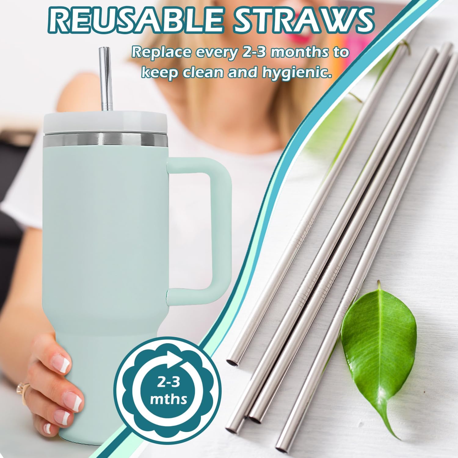 Paquete de 6 popotes reutilizables con cepillo de limpieza, popotes largos de repuesto compatibles con vaso Stanley de 40 onzas y 30 onzas, metal,