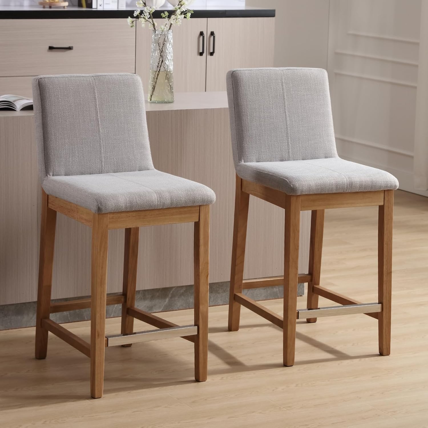 DM Furniture Taburete de mostrador para isla de cocina, juego de 2 taburetes de bar tapizados de tela de lino con respaldo de 26 pulgadas, taburetes
