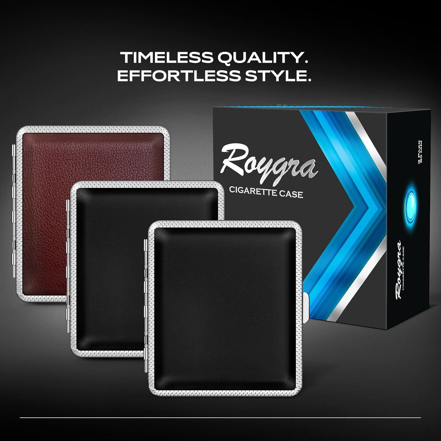 roygra Juego de 3 cajas de cigarrillos  Piel sintética con capacidad de 20 para tamaño regular y King, no se adapta a los años 100 (2 negras +