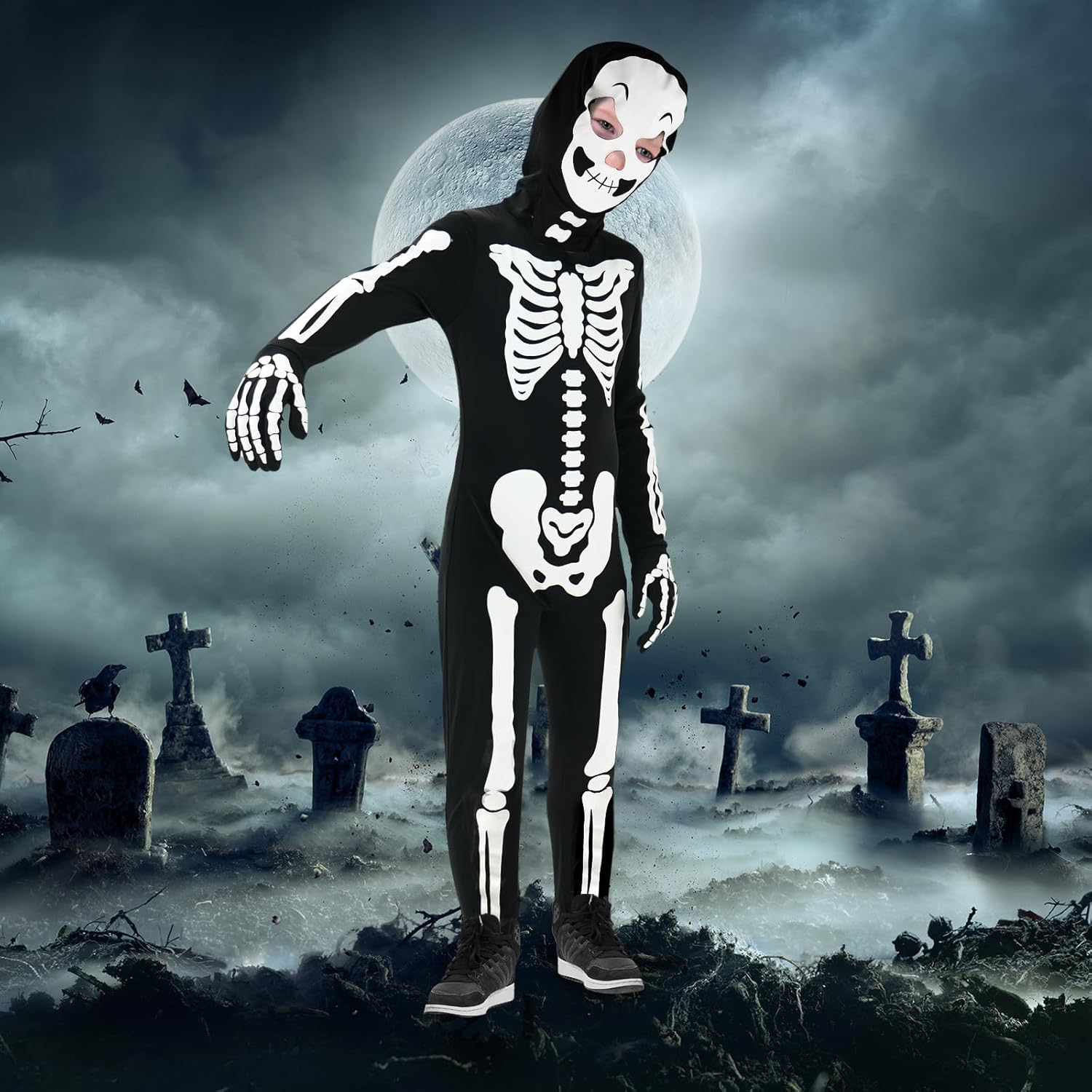 FAYBOX Disfraz de esqueleto para niños, disfraz de Halloween que brilla en la oscuridad, disfraz de esqueleto para niños pequeños