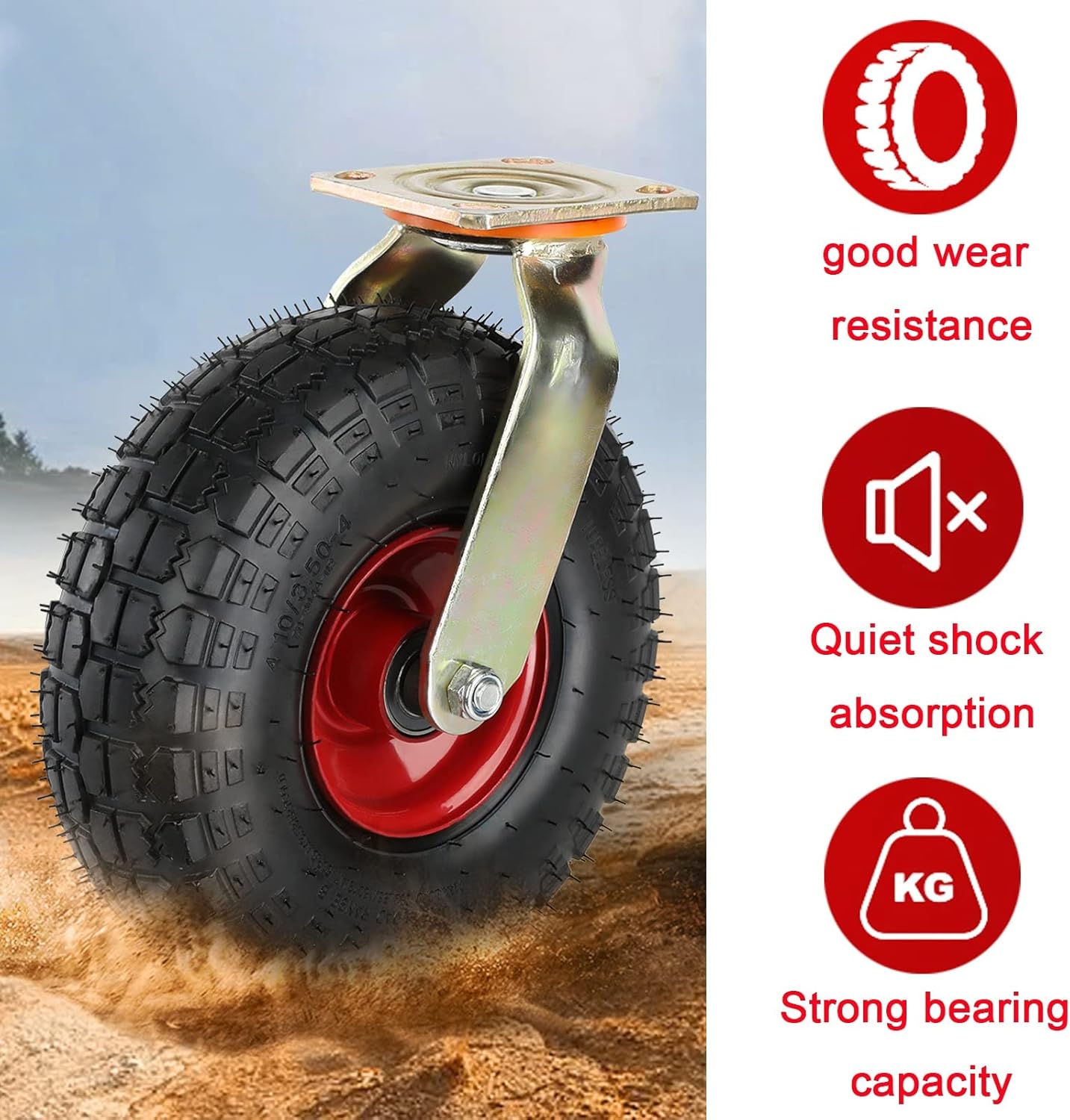 WORDFUN Juego de 4 ruedas giratorias de goma resistentes y altamente elásticas, ruedas de 8 pulgadas rellenas de aire estilo vacío, rueda industrial