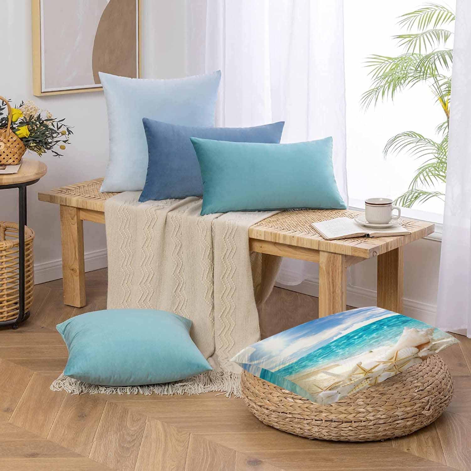 AOYEGO Funda de almohada con diseño de estrella de mar y estrella de mar, color azul tropical, vacaciones, playa, cielo soleado, decoración del