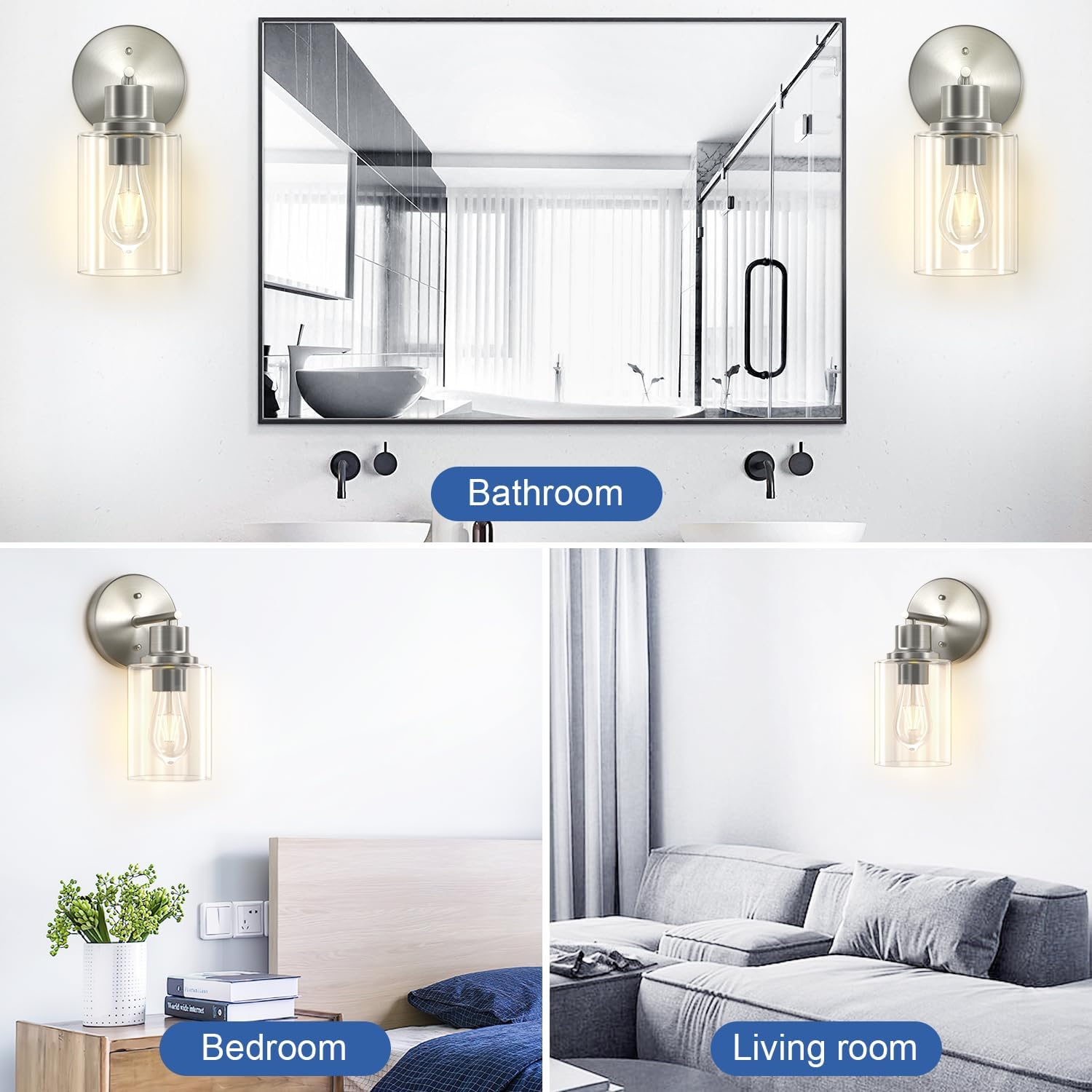 GORDNWE Aplique de pared de baño de 1 luz, luz de tocador de níquel cepillado, moderna lámpara de pared con pantalla de vidrio transparente y base
