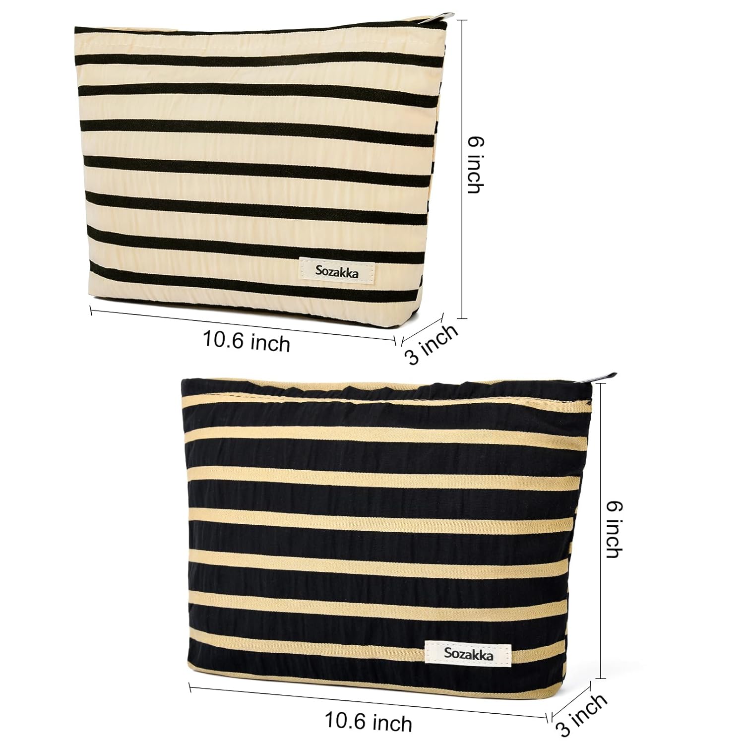 Bolsa de maquillaje de 2 piezas, bolsa grande de cosméticos a rayas, color negro y blanco, bolsa de aseo de viaje, organizador de brochas de