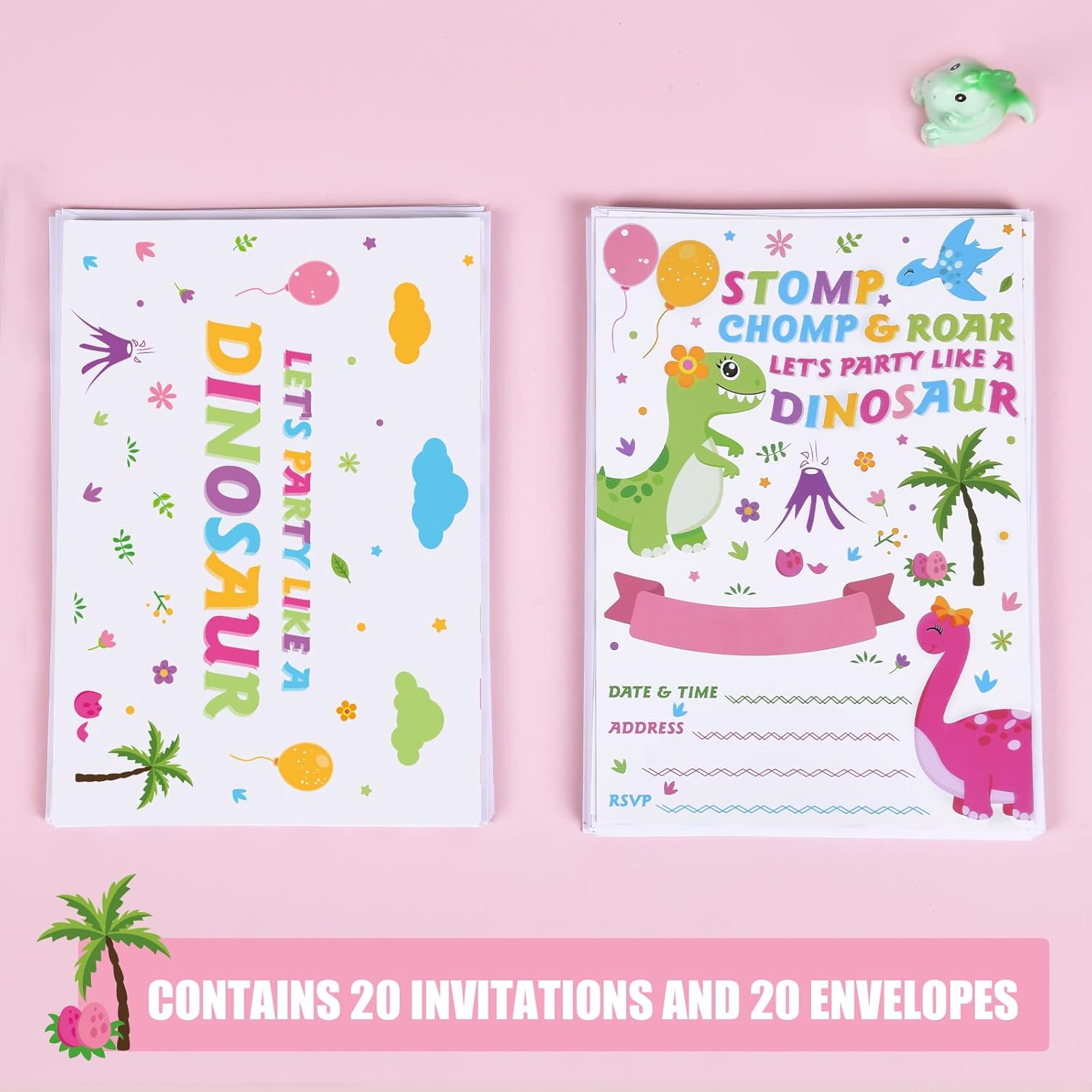 WERNNSAI Invitaciones de fiesta de dinosaurios con sobres, suministros de fiesta de dinosaurios para niñas, cumpleaños, baby shower, fiesta, juego