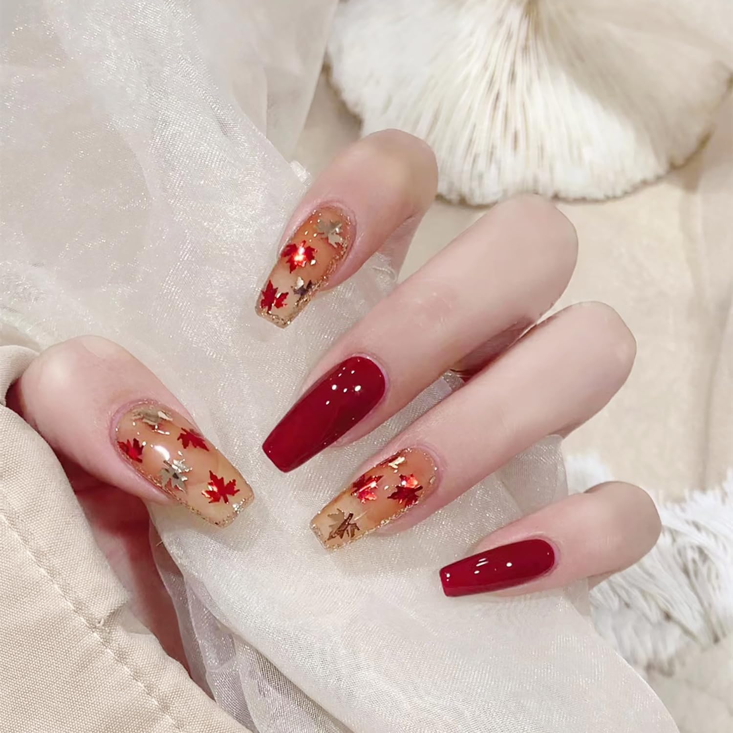 24 uñas postizas largas a presión con forma de ataúd, hojas de arce, uñas con pegamento, diseño de Acción de Gracias, uñas acrílicas estáticas,