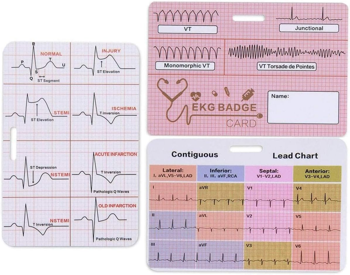 EKG – Juego de 3 tarjetas de identificación cardíaca, tarjeta de identificación Stemi, tarjeta de interpretación de telemetría de ECG, amigo de