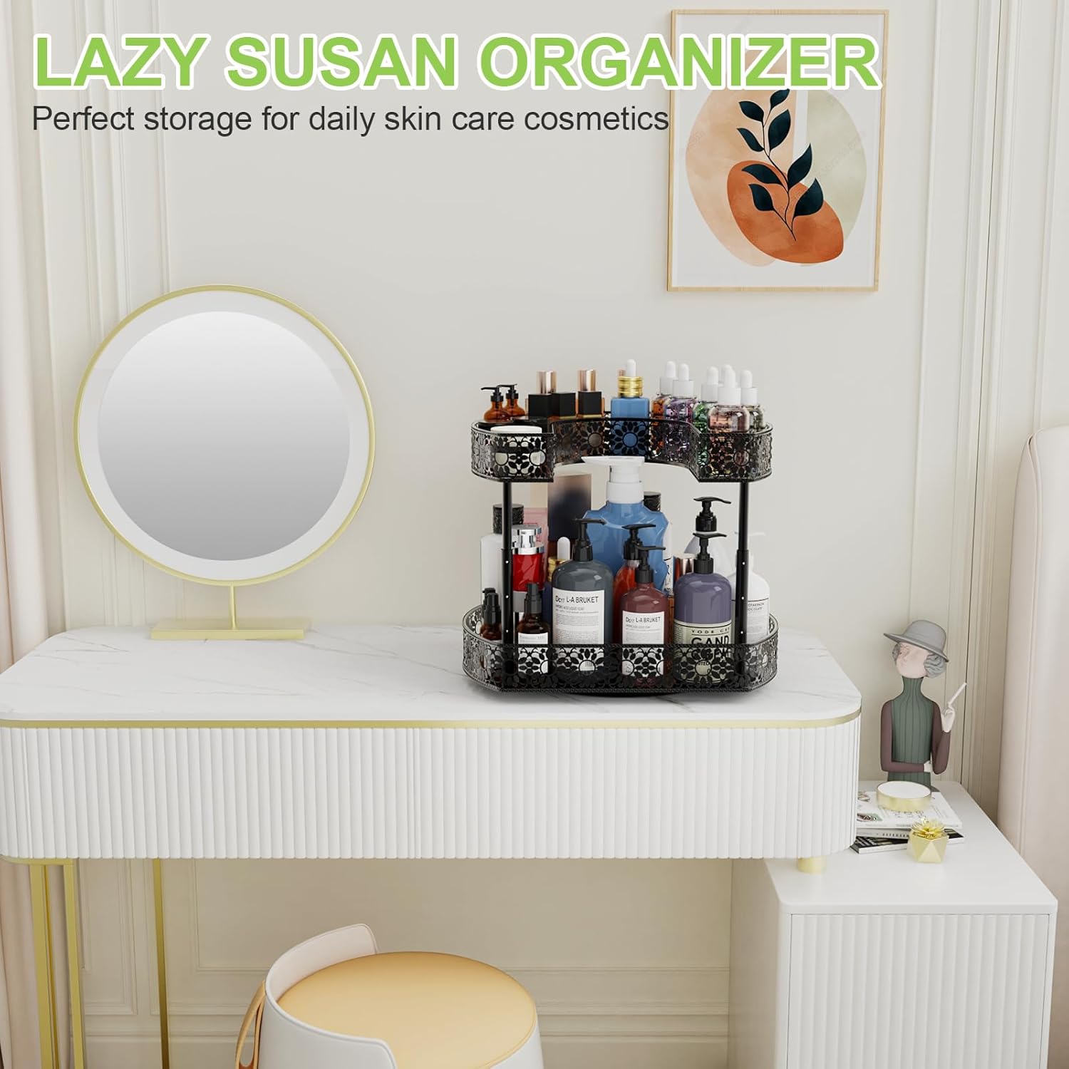 Organizador de especias para gabinete, organizador de especias de 2 niveles con almohadilla antideslizante, organizador de tocadiscos Lazy Susan