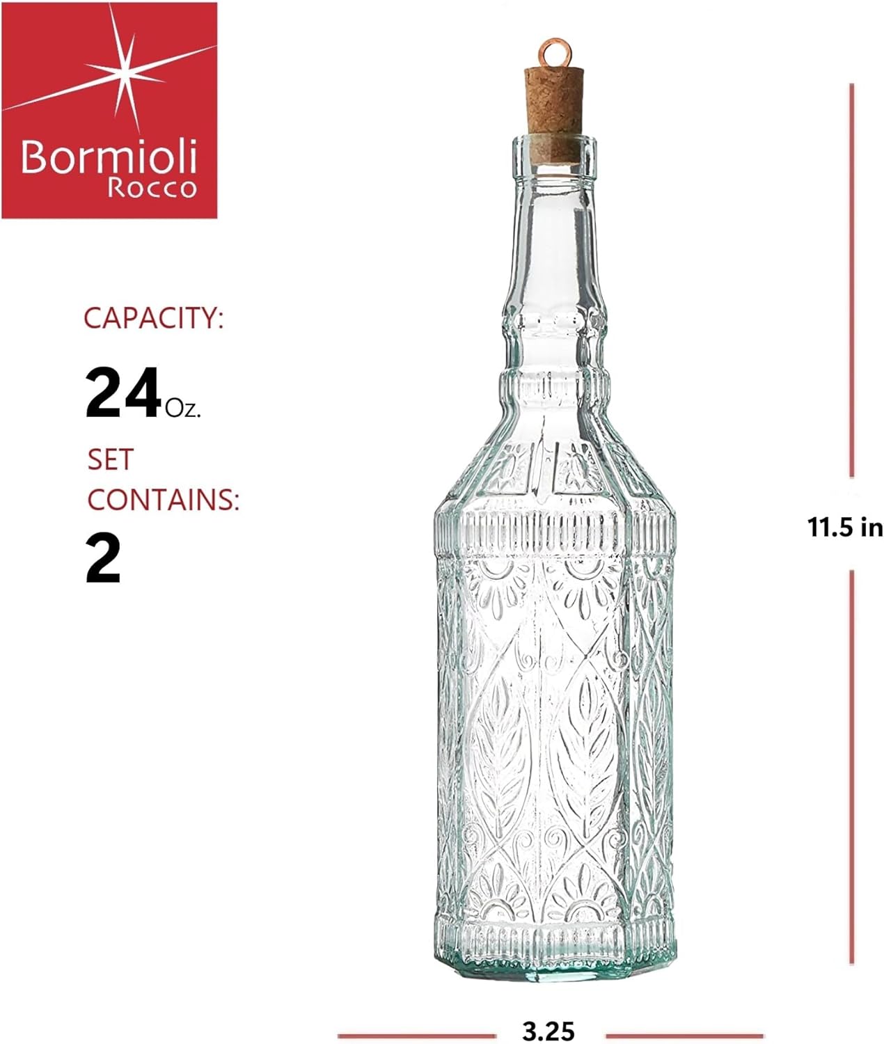 Bormioli Rocco Juego de 2 botellas Country Home Fiesole de 24 onzas con tapa de corcho natural, cristal de estrella teñido azul-verde, diseño