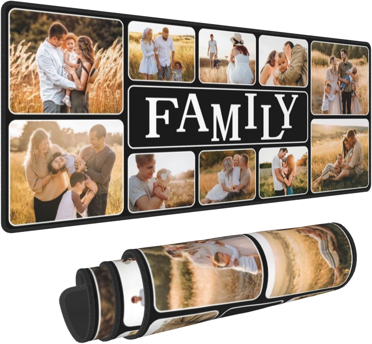 Alfombrilla de mouse personalizada con collage de 10 fotos de 31.5 x 12 pulgadas, alfombrilla de mouse personalizada con diseño familiar,