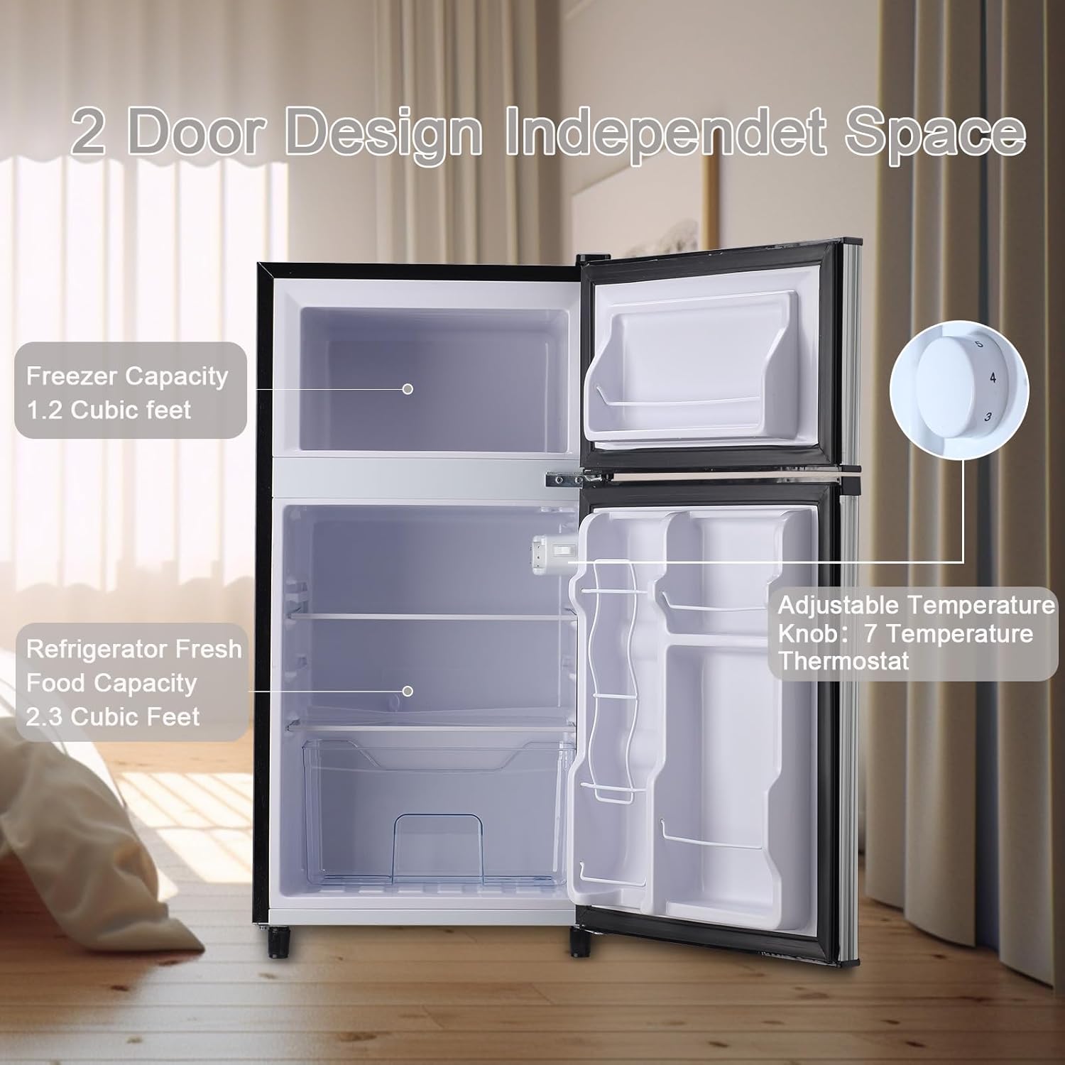 WANAI Refrigerador compacto de 3.5 pies cúbicos con congelador, refrigerador pequeño con 7 modos de temperatura, ahorro de energía, bajo ruido para