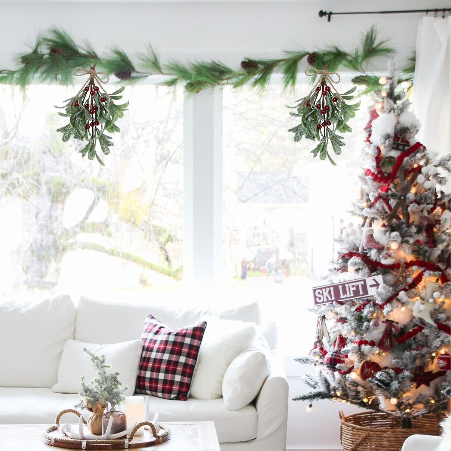 4 púas de muérdago artificiales, decoración de muérdago navideño de 9.1 pulgadas con bayas rojas, tallos florales de muérdago artificiales, adorno