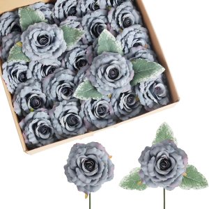 Flores artificiales de rosas azules, 25 piezas de flores artificiales realistas de seda a granel con tallo largo para ceremonia de boda, decoración Flores artificiales de rosas azules, 25 piezas de flores artificiales realistas de seda a granel con tallo largo para ceremonia de boda, decoración