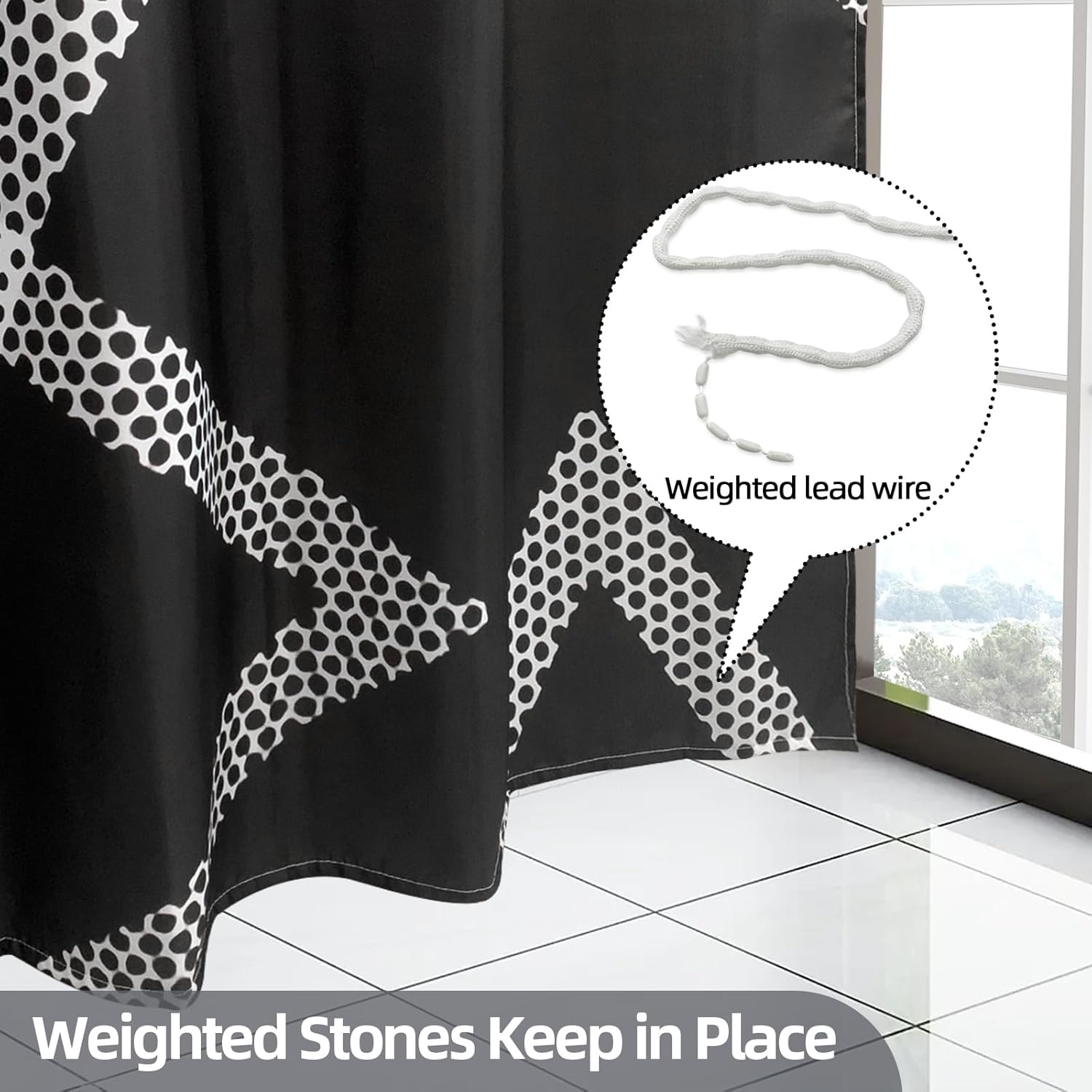 Tomoasfu Cortina de ducha para baño, tela impermeable, cortina de baño con dobladillo pesado y 12 ganchos de metal inoxidables líneas punteadas