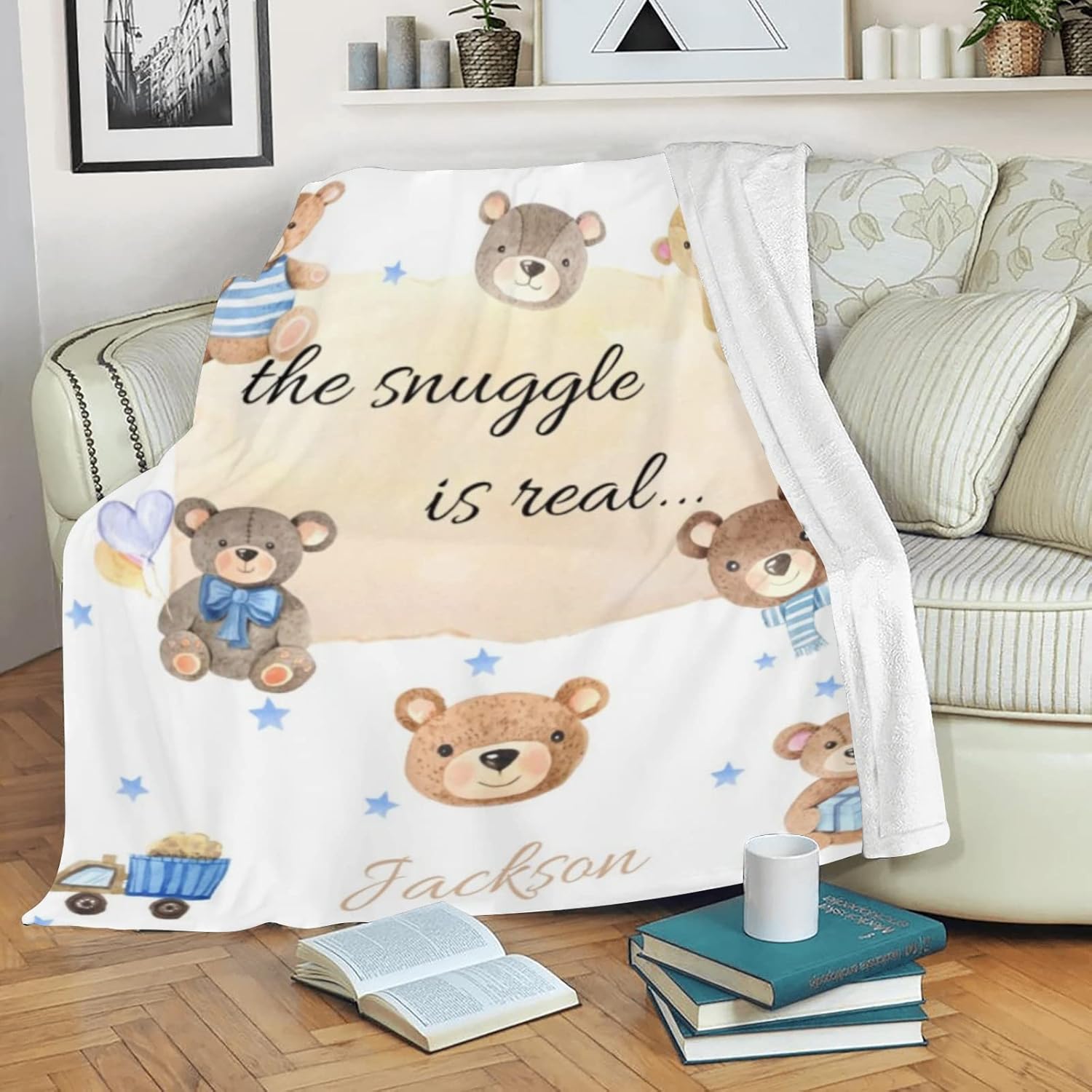 Eyesoul Manta de bebé con nombre, manta personalizada con patrón de oso para niños, regalos personalizados para cama de niños, manta súper suave