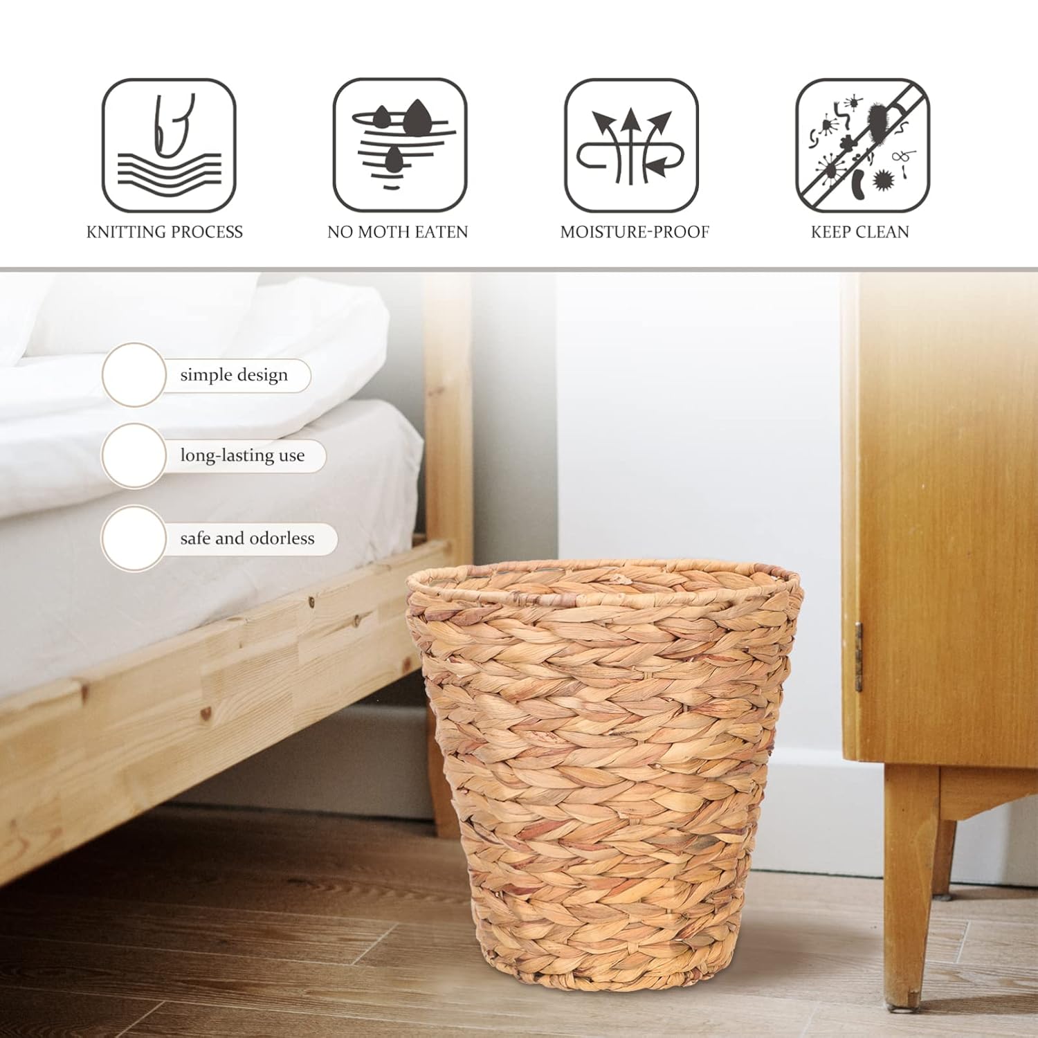 SEWACC Cesta de basura tejida de mimbre de jacinto de agua tejida natural, cubo de basura redondo para baño, artículos esenciales, lavandería, 10.6