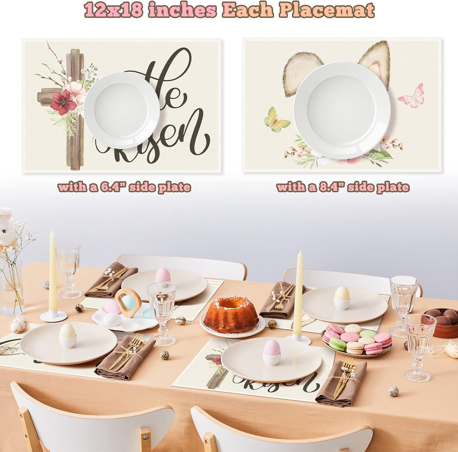 Juego de 4 manteles individuales con diseño de conejo de Pascua, 12 x 18 pulgadas, resistentes al calor, con diseño floral y diseño floral de