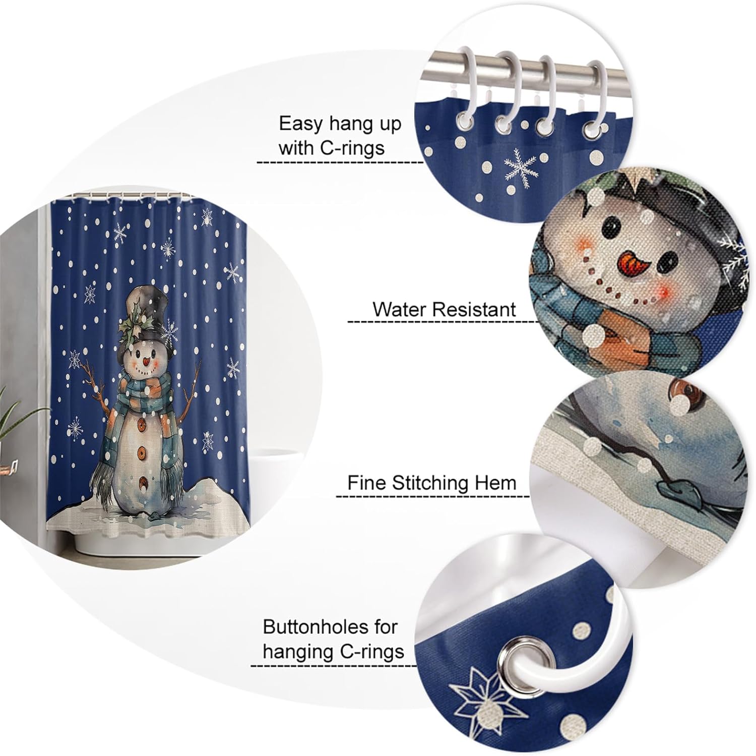 4 Pcs Shower Curtain Set Bathroom Sets, 72″x72″ Absorbent Non-Slip Bathroom Rugs Bath Mat and Toilet Lid Cover, Christmas Snowman Snowflake Blue