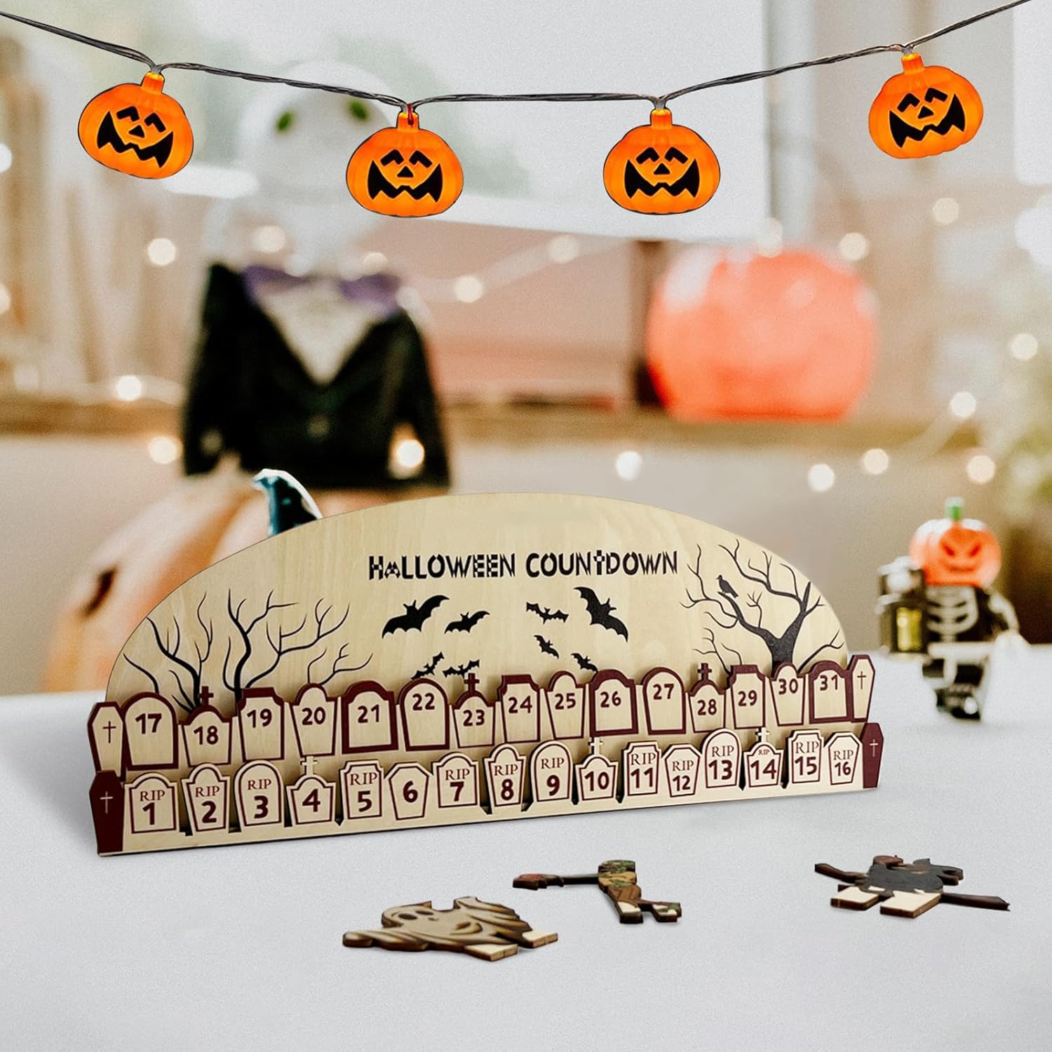AOCEAN Calendario de Adviento de Halloween 2023 con bloques móviles de madera, calendario de cuenta regresiva para divertidas decoraciones de