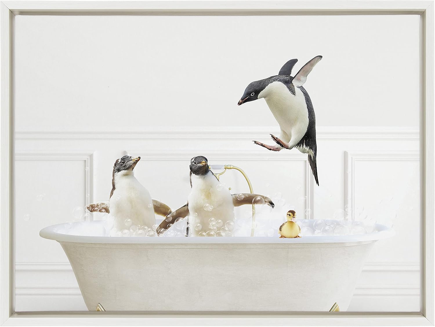 Kate and Laurel Sylvie Penguins In Bubble Bath – Lienzo enmarcado de estilo neutro por Amy Peterson Art Studio, 18 x 24 pulgadas, adorable arte de