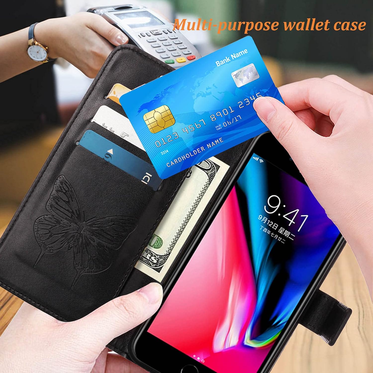 Funda compatible con iPhone SE 2022, iPhone 78, iPhone SE 2020, funda 66S, función atril, correa de muñeca, ranuras para tarjetero, funda protectora