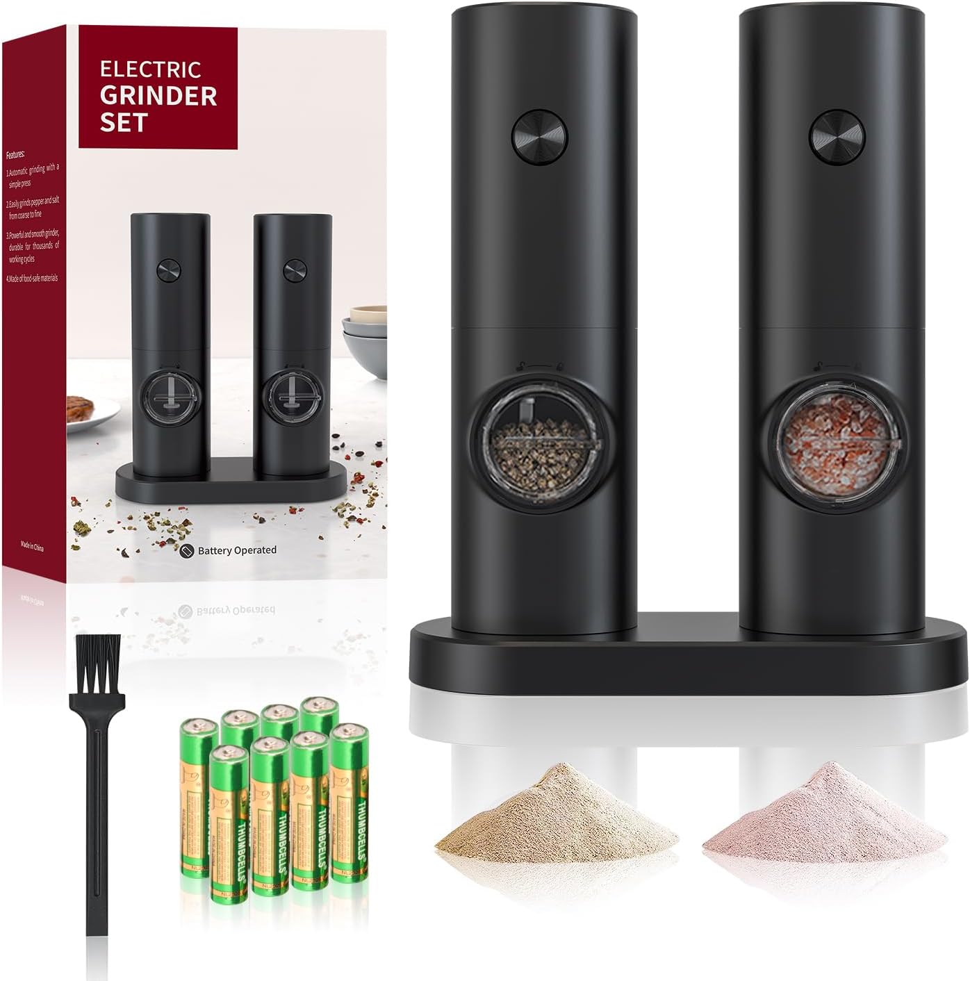 Juego de molinillo eléctrico de sal y pimienta, molinillo de sal marina y pimienta ajustable automático, grosor ajustable, funciona con batería con