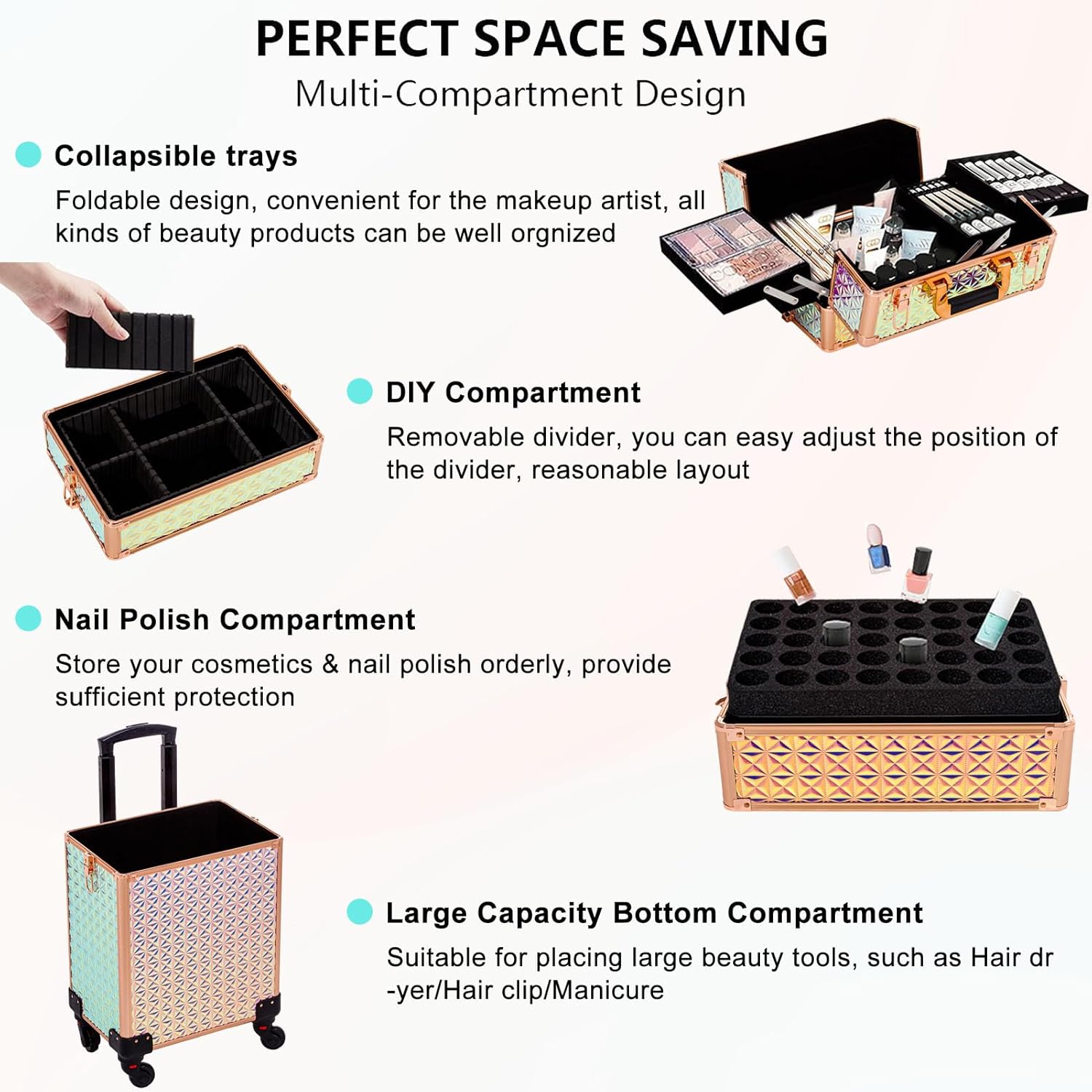 Estuche de maquillaje profesional 5 en 1, estuche de aluminio para cosméticos, estuche de maquillaje con ruedas giratorias de 360 , Con color,