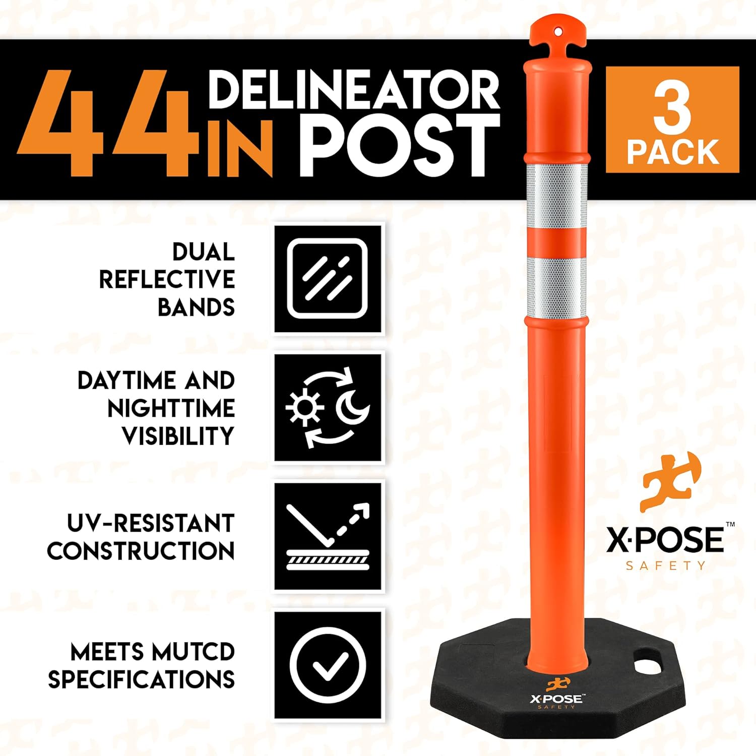 Poste delineador de 44 pulgadas con base, paquete de 3, puntal de tráfico naranja con banda reflectante de 10 pulgadas, base de goma octogonal de 13