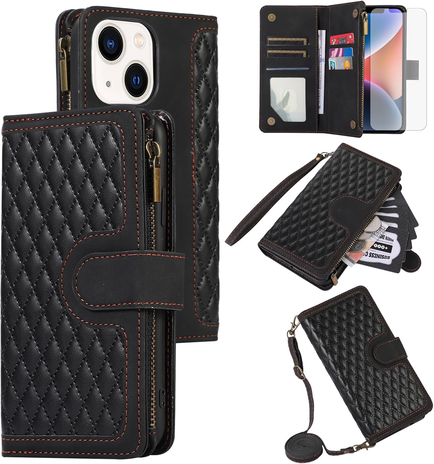 Asuwish Funda compatible con iPhone 15 Plus de 6.7 pulgadas, protector de pantalla de vidrio templado, tarjetero con cremallera, funda para teléfono