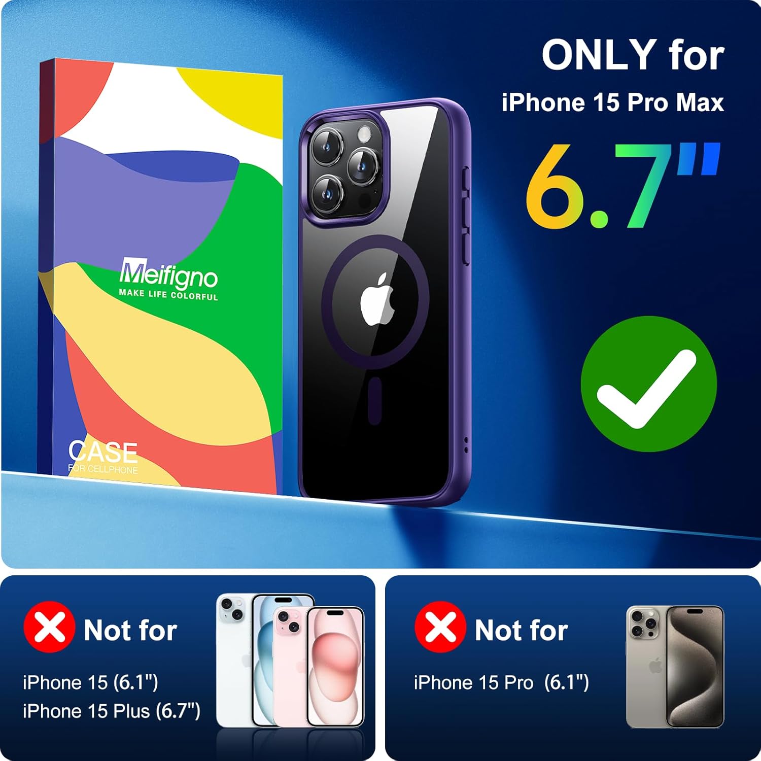 Meifigno Serie Magic Mag diseñada para iPhone 15 Pro Max, protección de grado militar y compatible con MagSafe, parte trasera dura con bordes